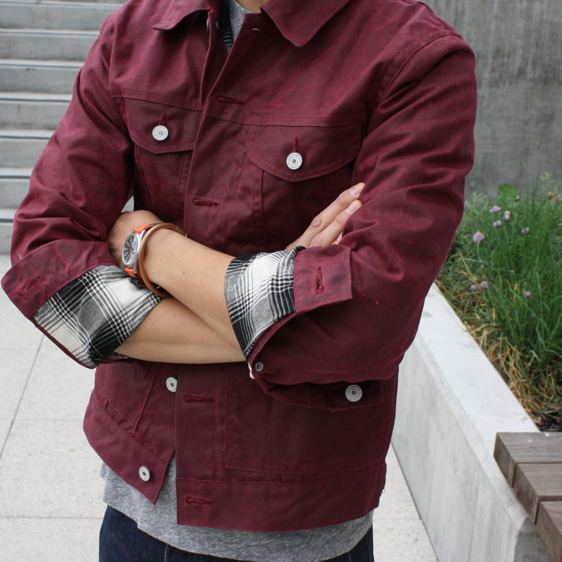 gustin trucker jacket - flannel-lined waxed oxblood