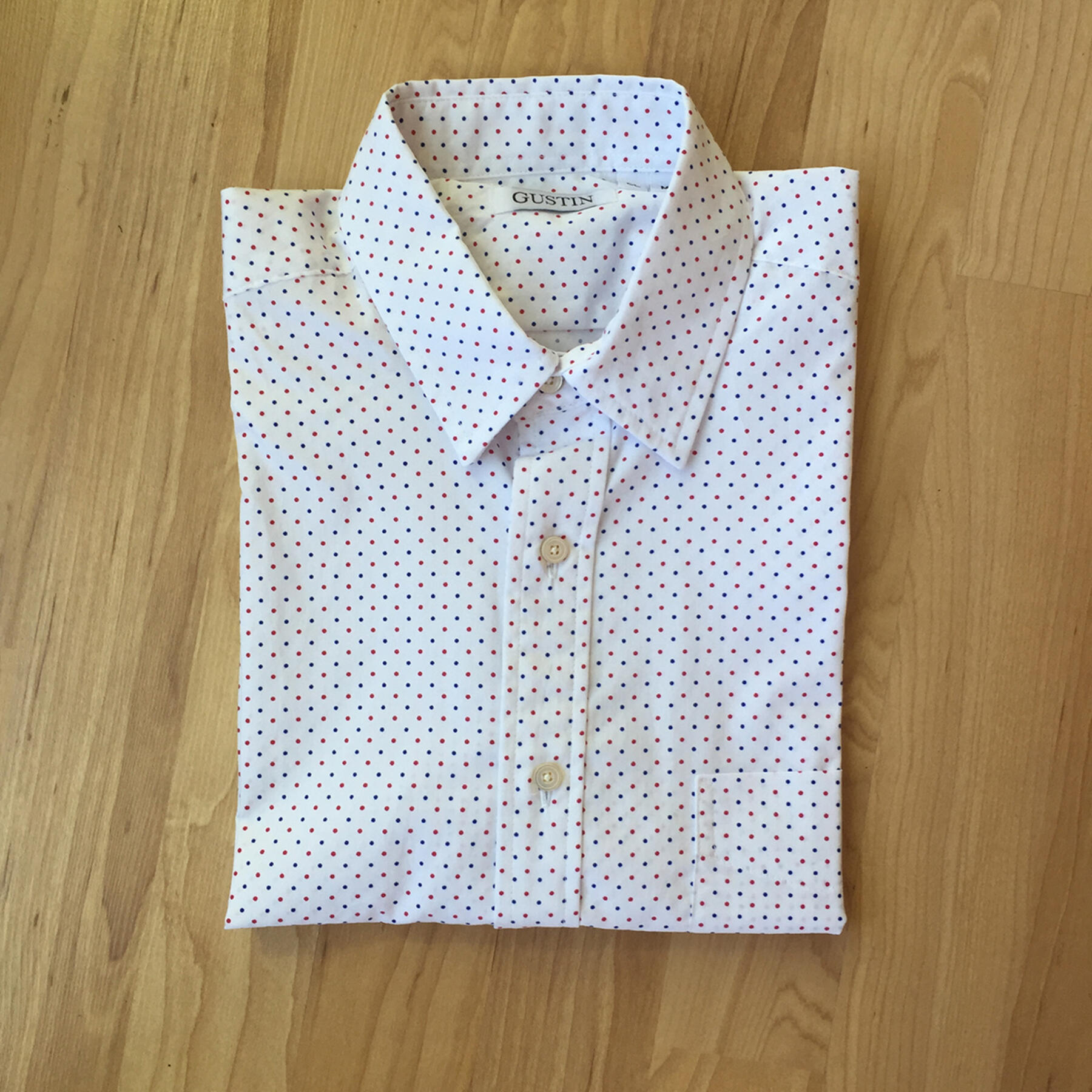 gustin short sleeve red & blue poplin polka dot