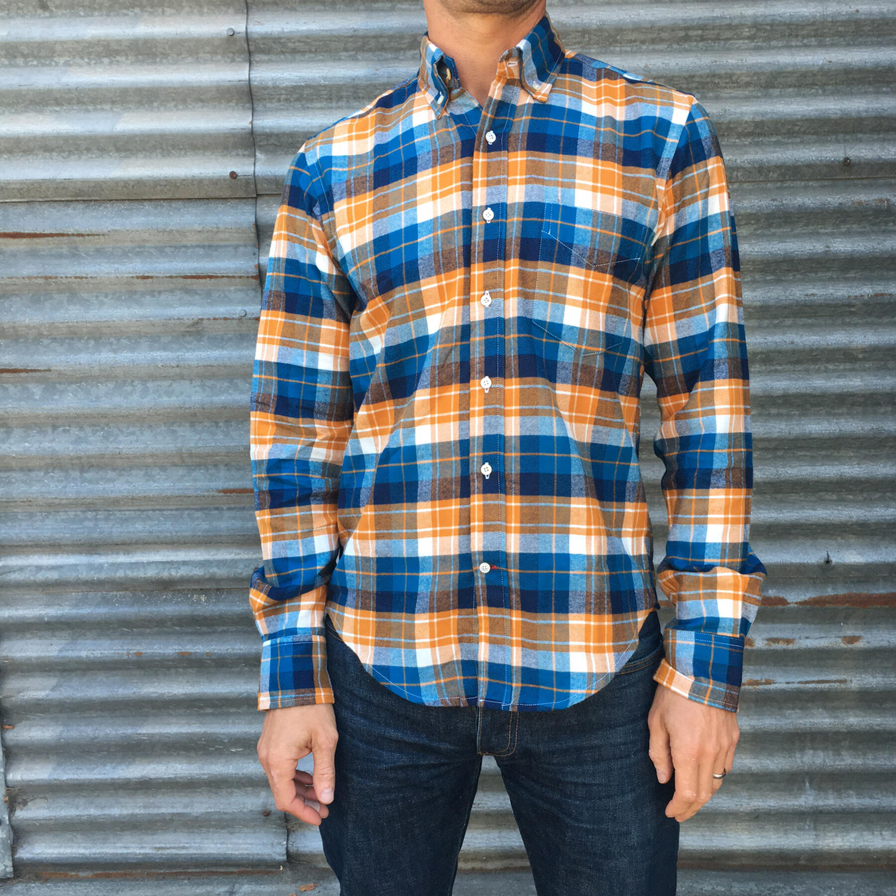 gustin aqua orange plaid flannel