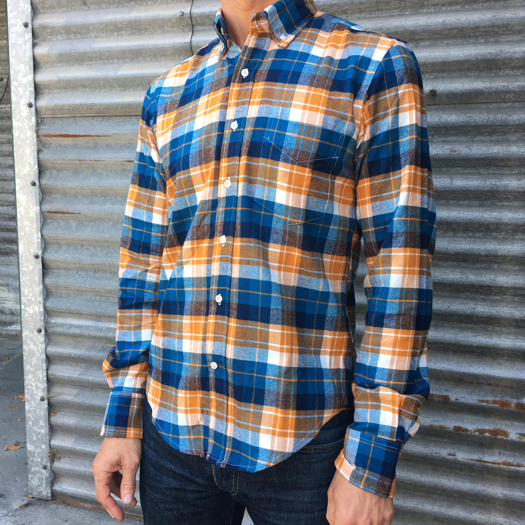 gustin aqua orange plaid flannel