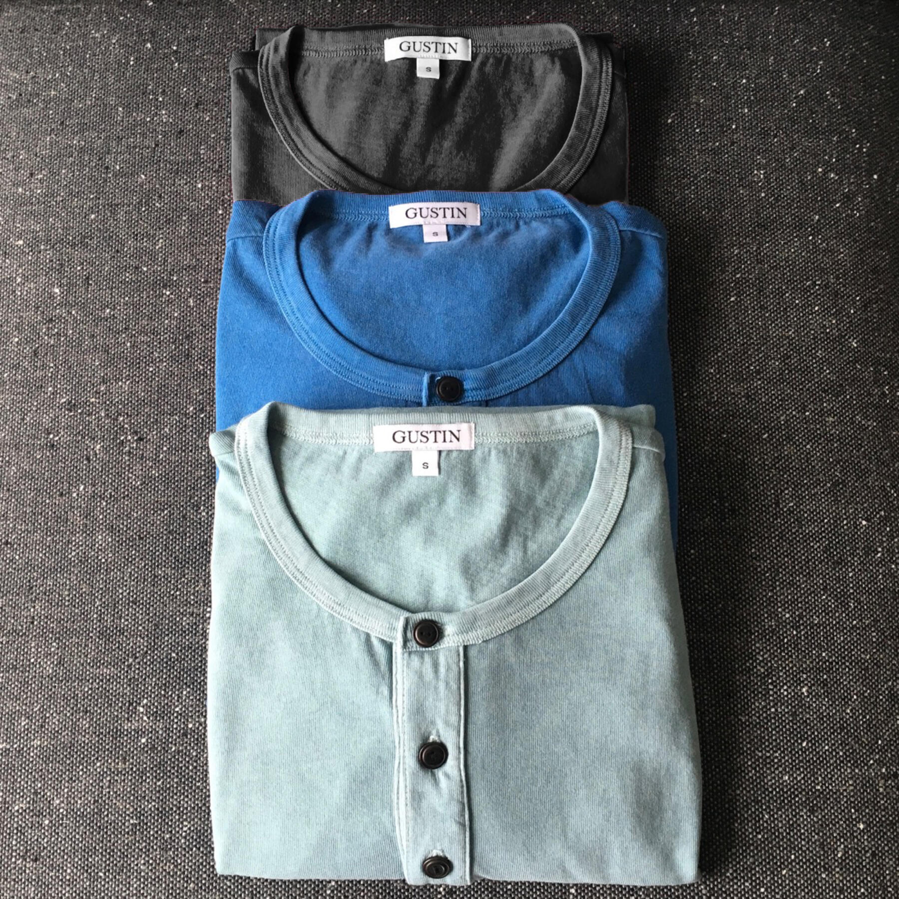 gustin usa pigment dyed henley 3pk (sea blue, faded black, lagoon green)