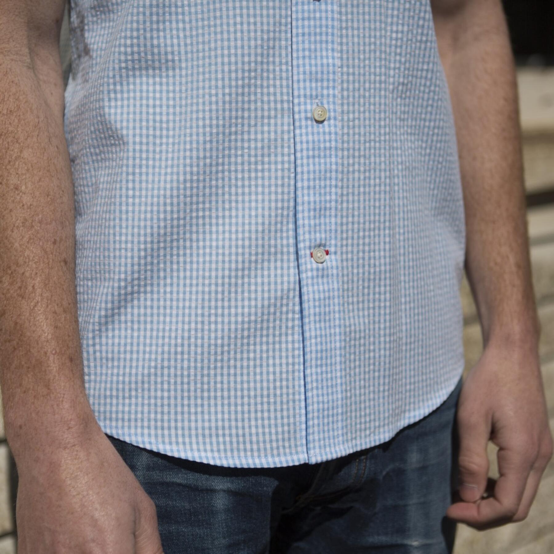 gustin #501 short sleeve sky blue gingham seersucker