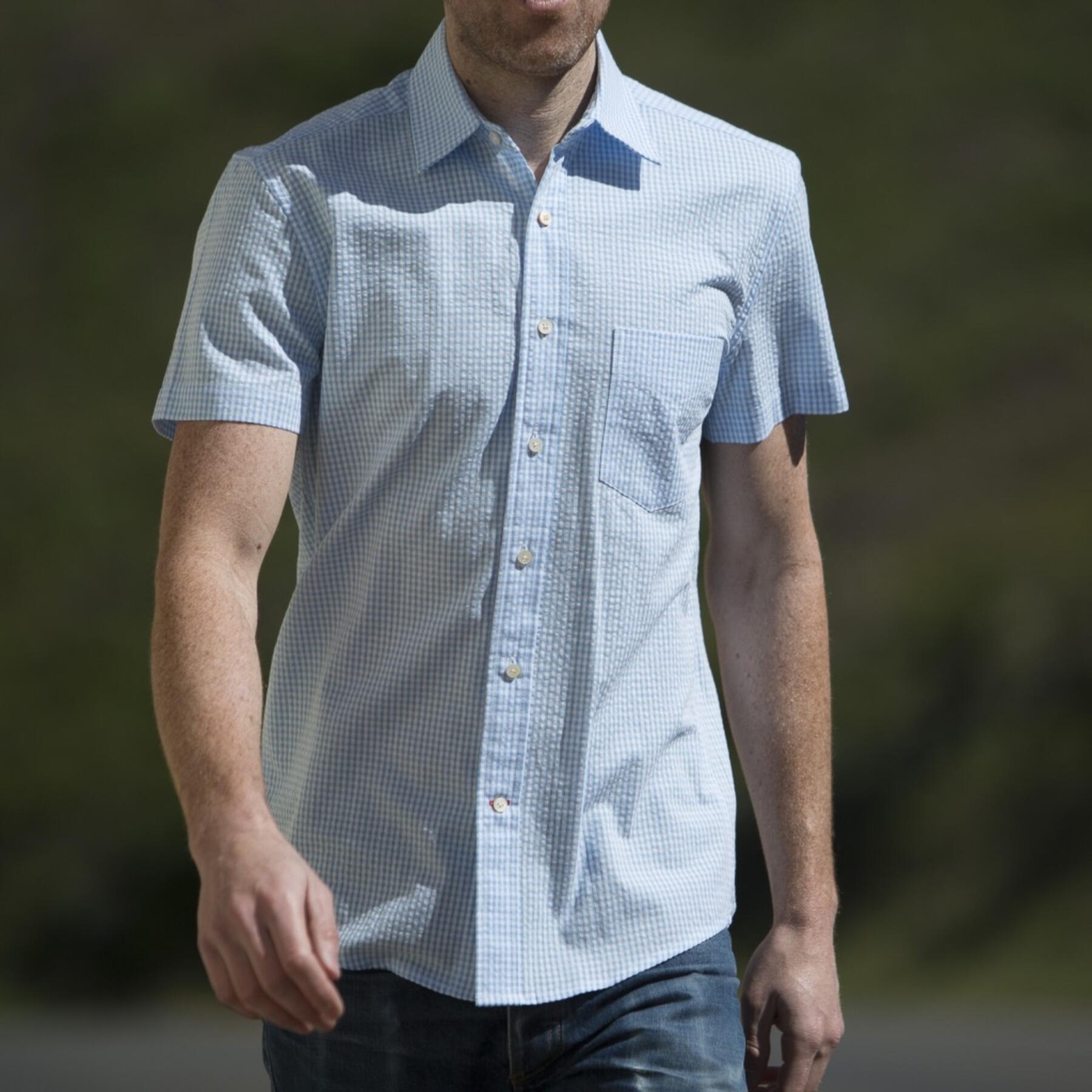 gustin #501 short sleeve sky blue gingham seersucker