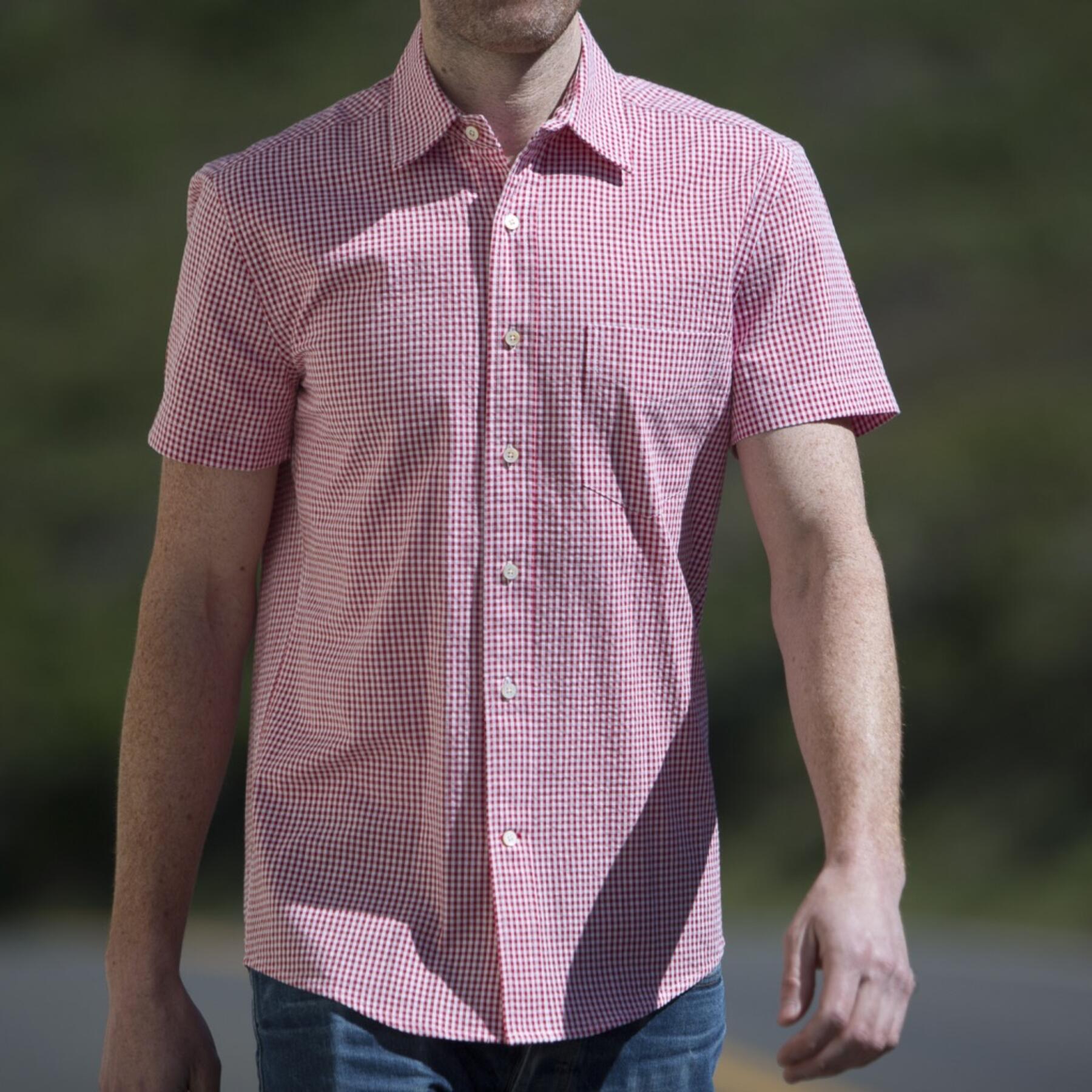gustin #499 short sleeve red gingham seersucker