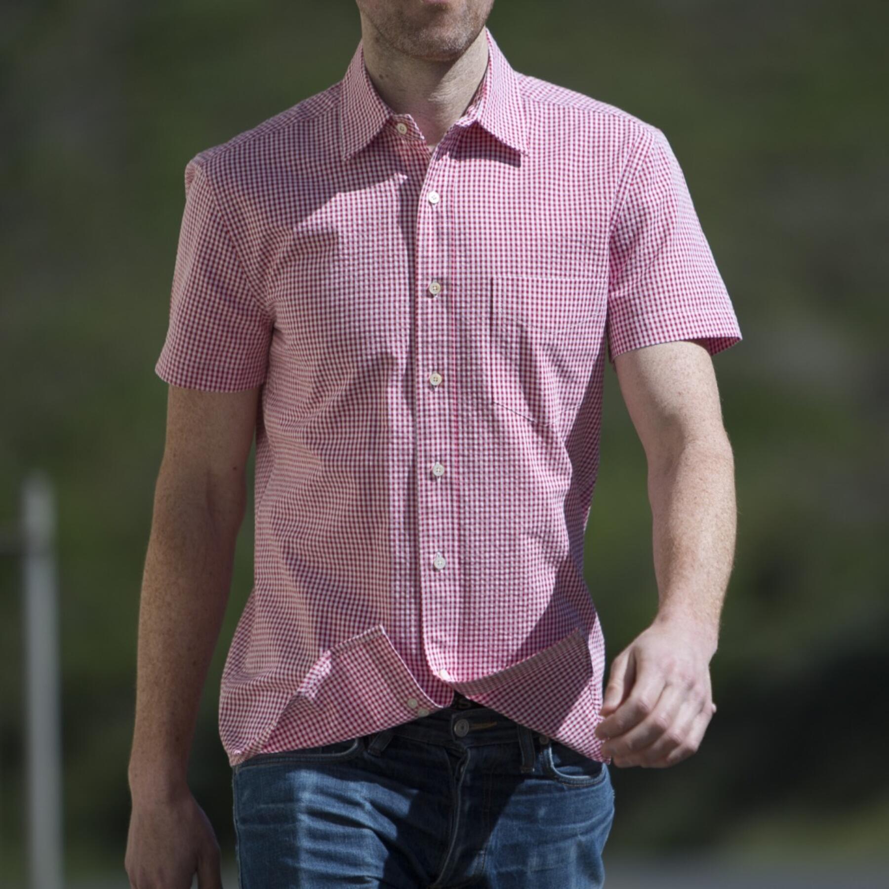 gustin #499 short sleeve red gingham seersucker