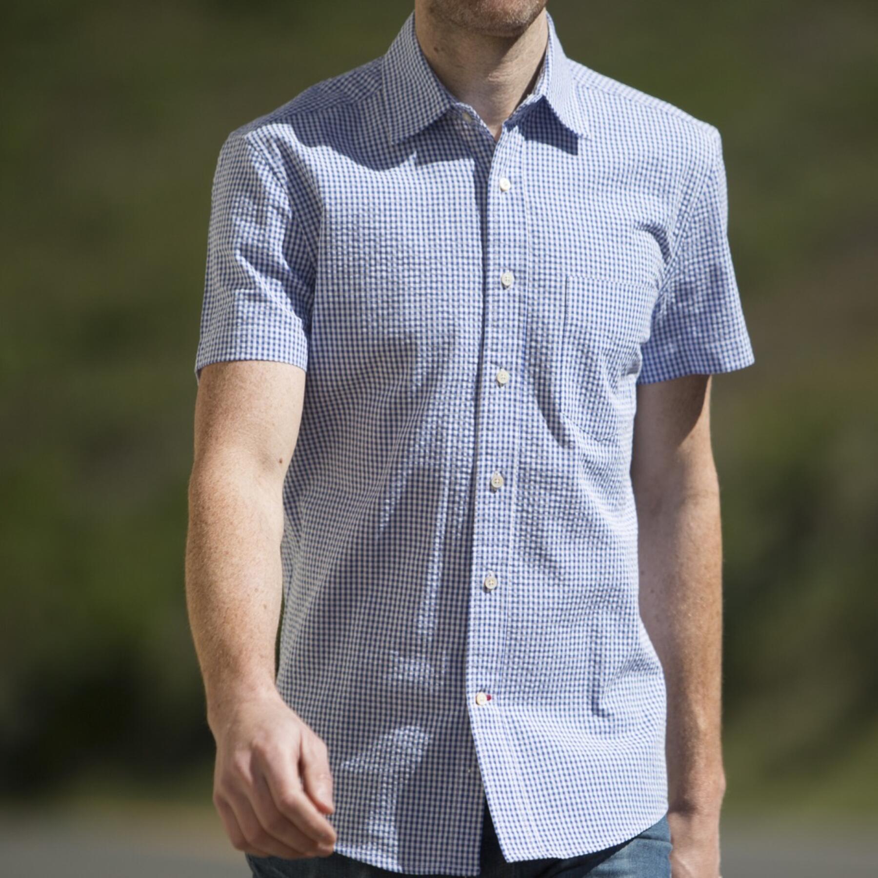 gustin #500 short sleeve royal blue gingham seersucker
