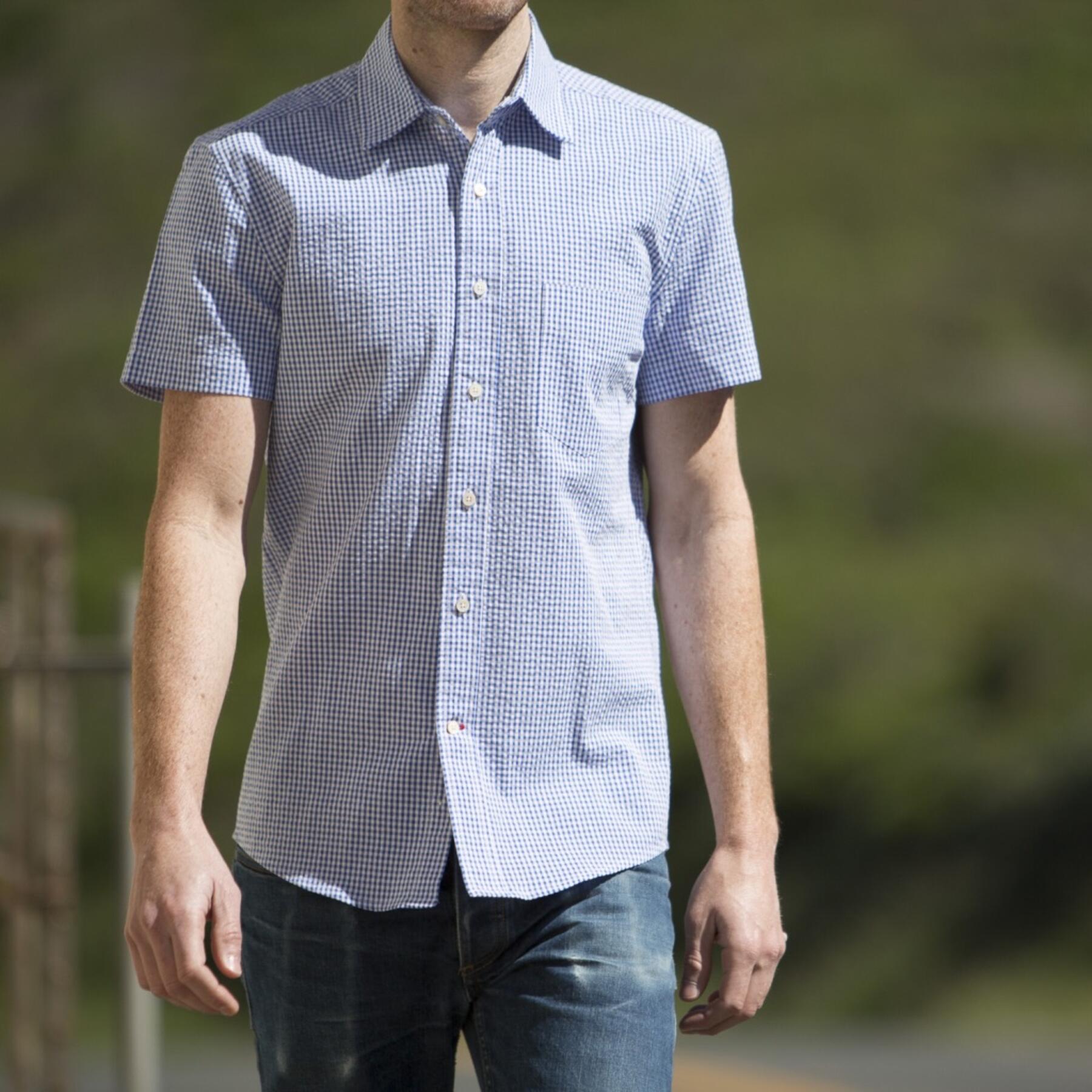 gustin #500 short sleeve royal blue gingham seersucker