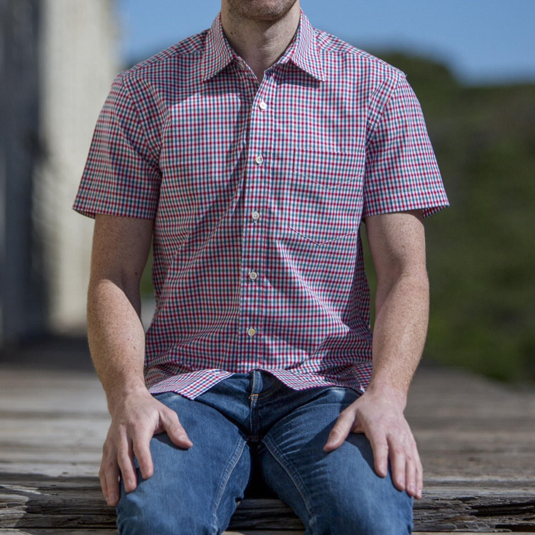 gustin #503 short sleeve red teal gingham