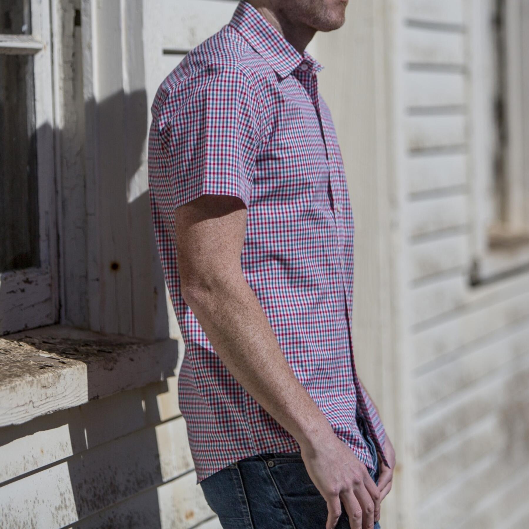 gustin #503 short sleeve red teal gingham