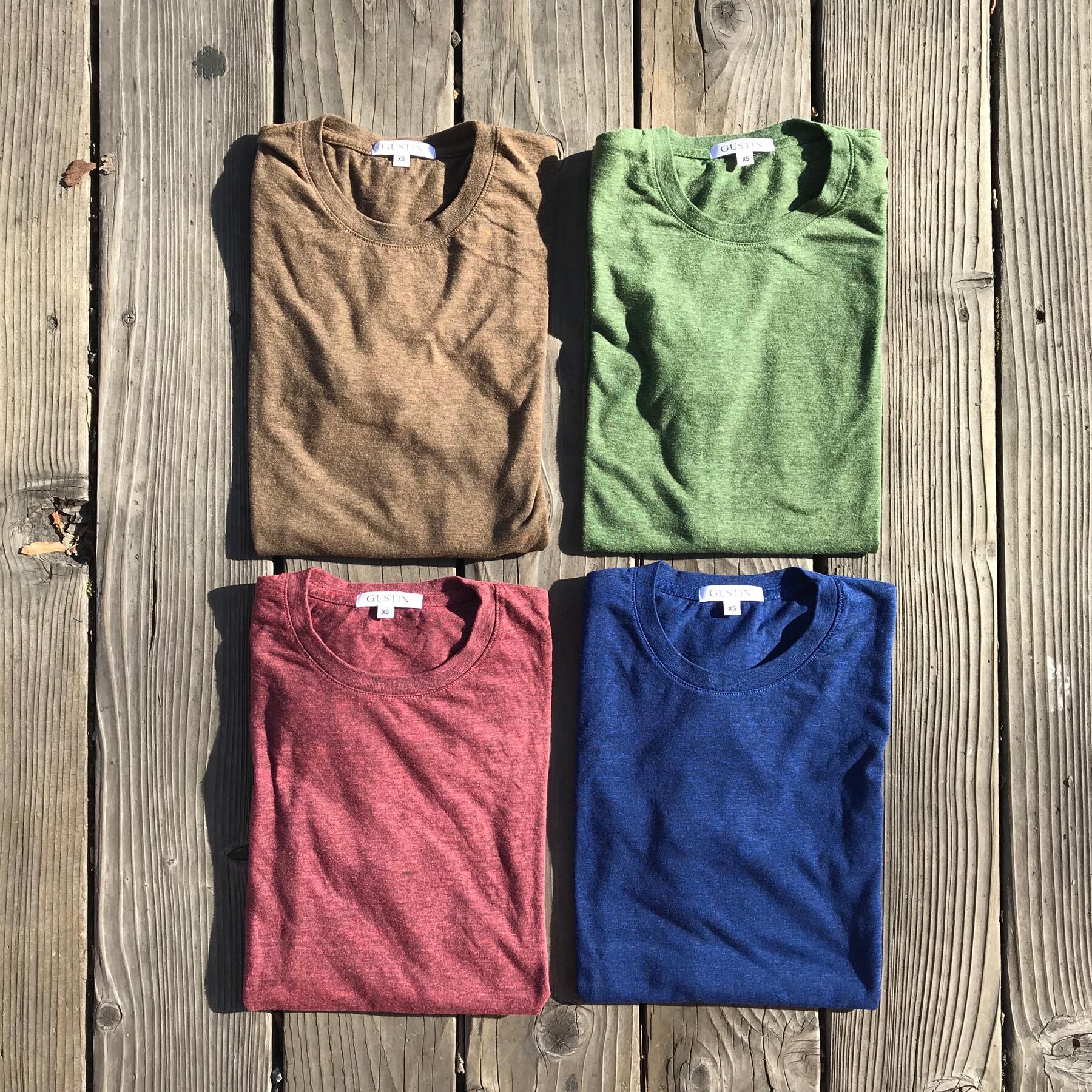 gustin usa heather long sleeve t-shirt 4 pack - fern, tierra, crimson, royal blue
