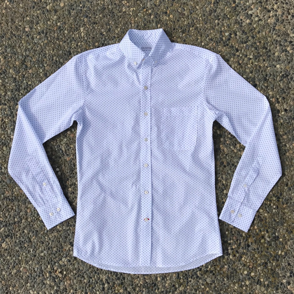 blue white polka dot shirt