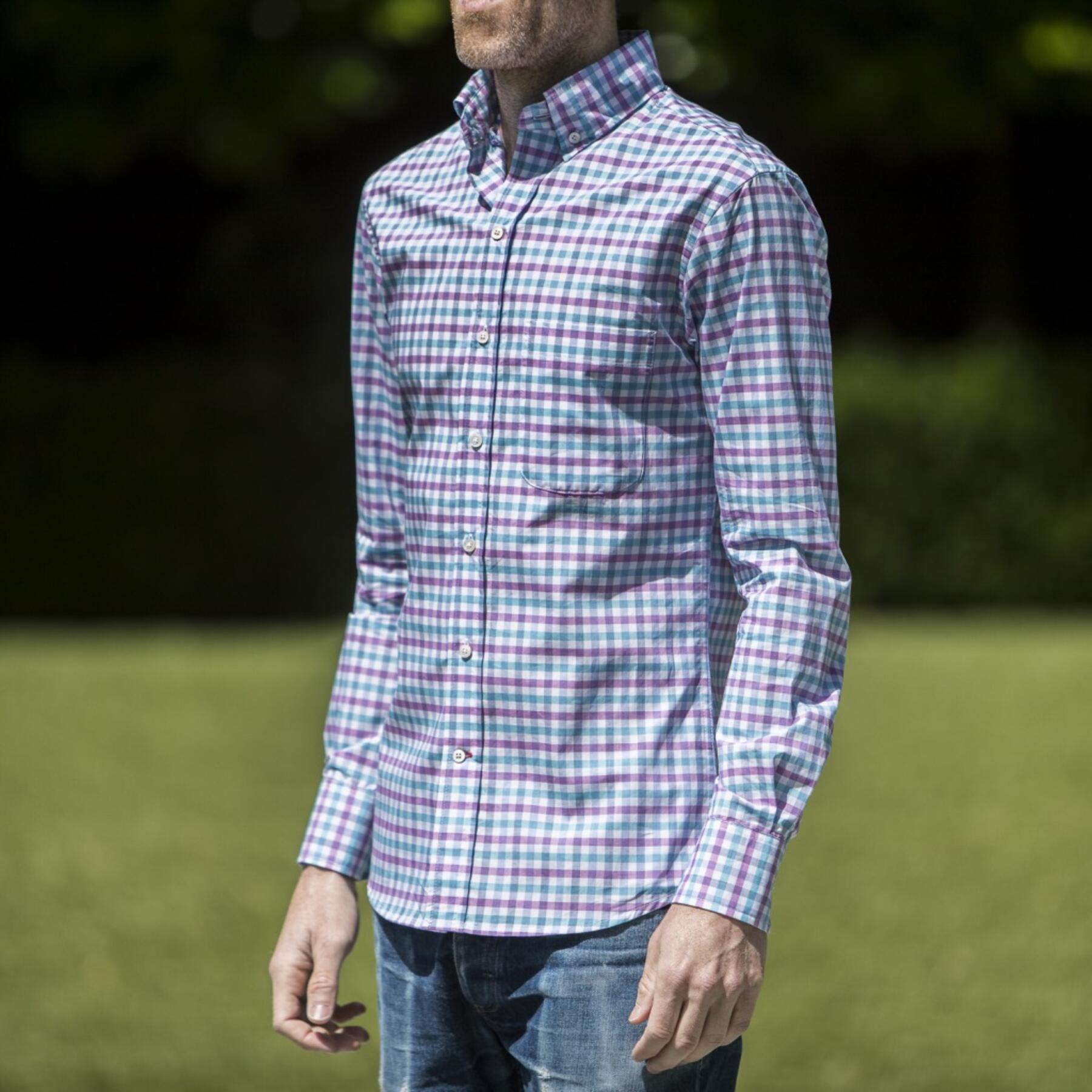 gustin #587 thomas mason aqua mauve gingham