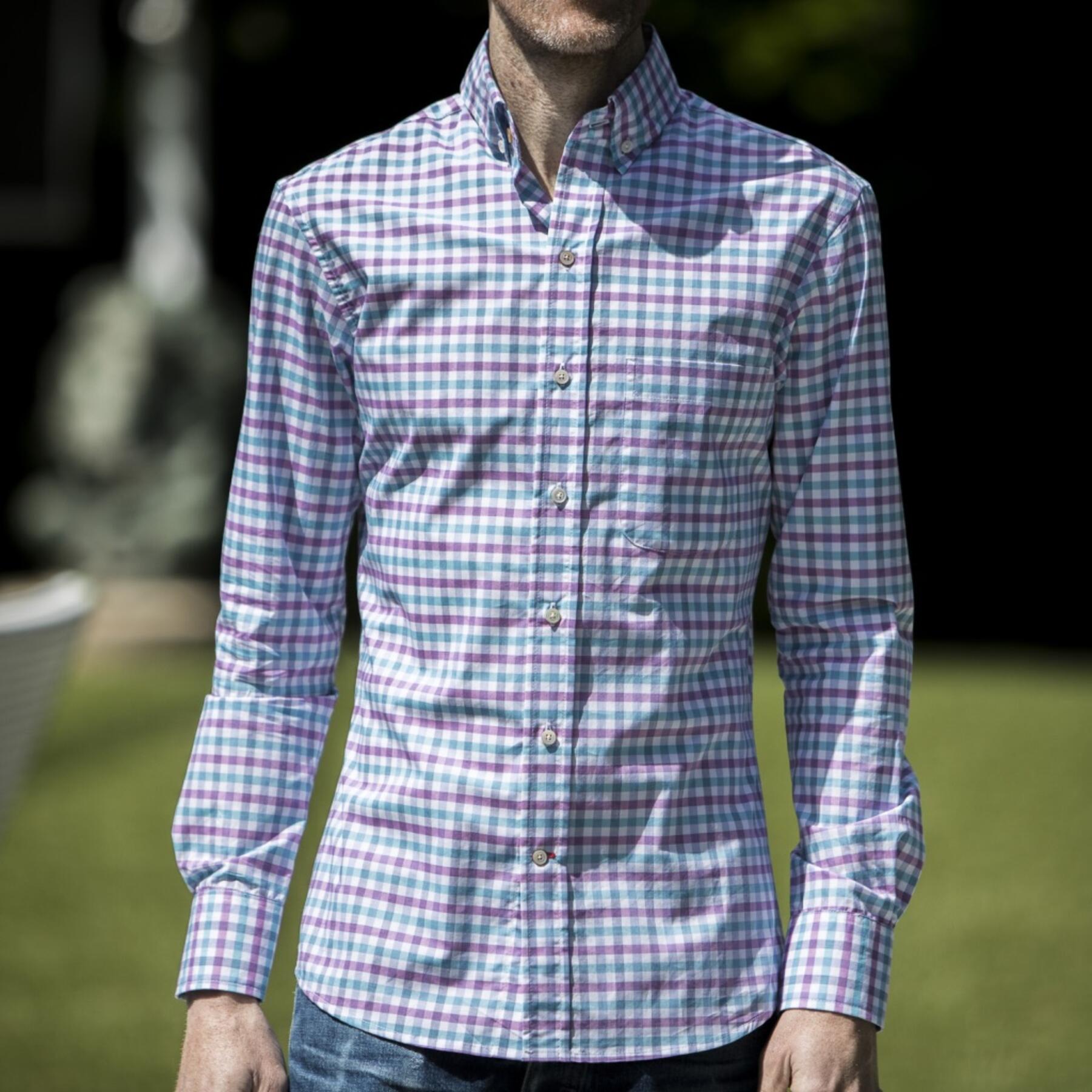 gustin #587 thomas mason aqua mauve gingham