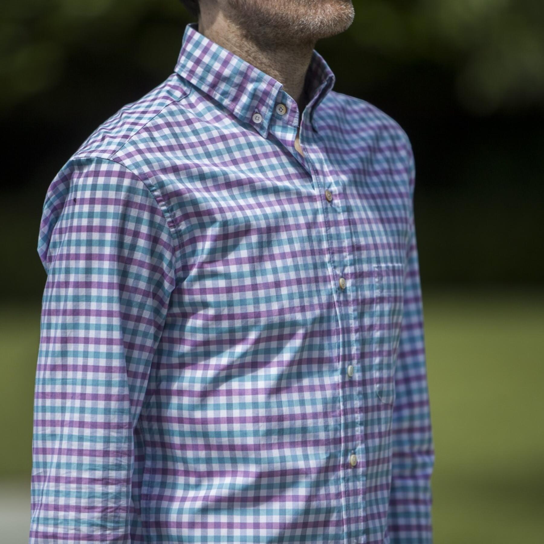 gustin #587 thomas mason aqua mauve gingham