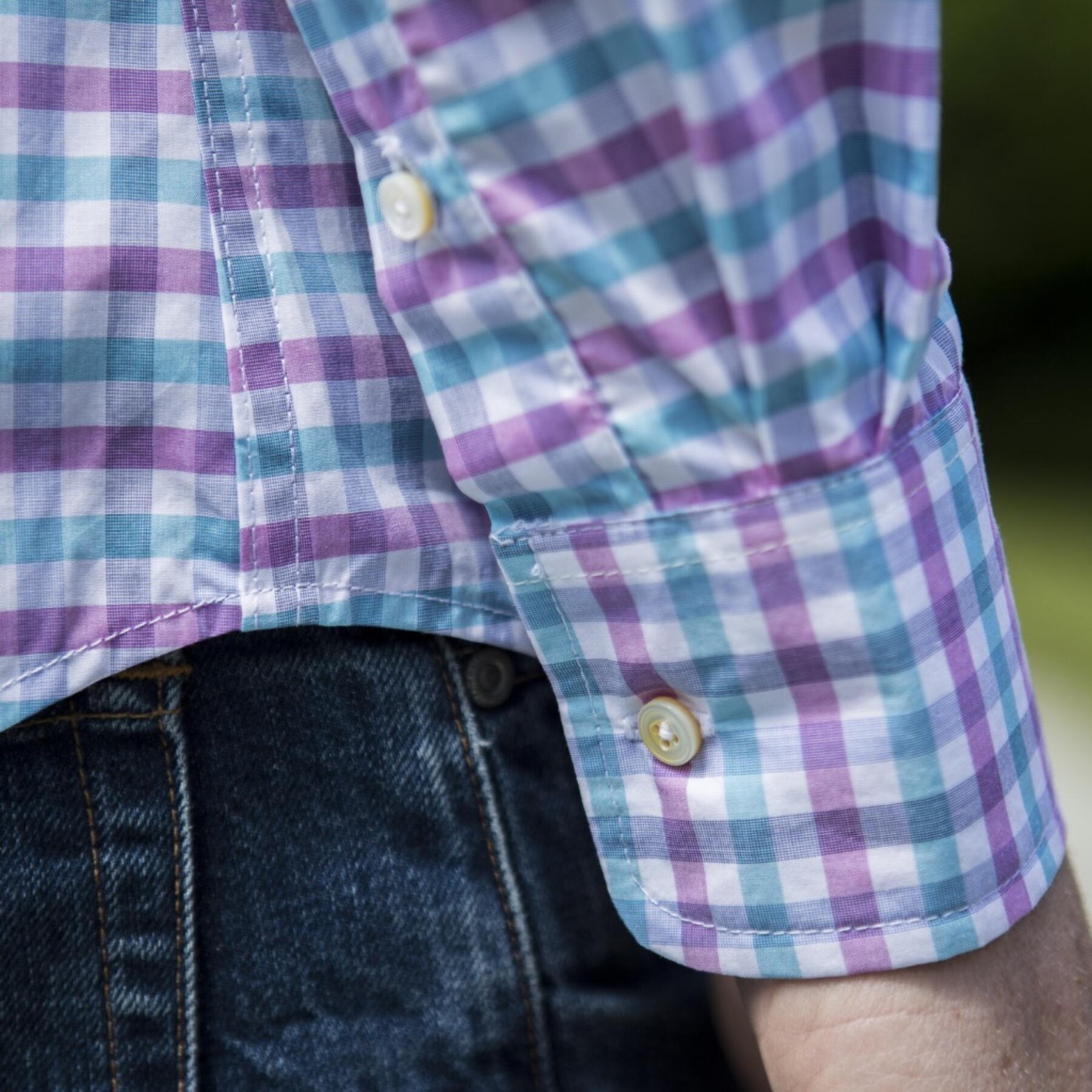 gustin #587 thomas mason aqua mauve gingham