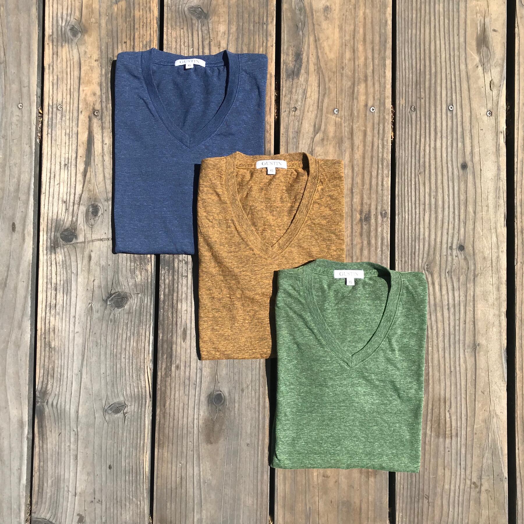 gustin usa heather v-neck t-shirt 3pk (faded blue, bronze, fern green)
