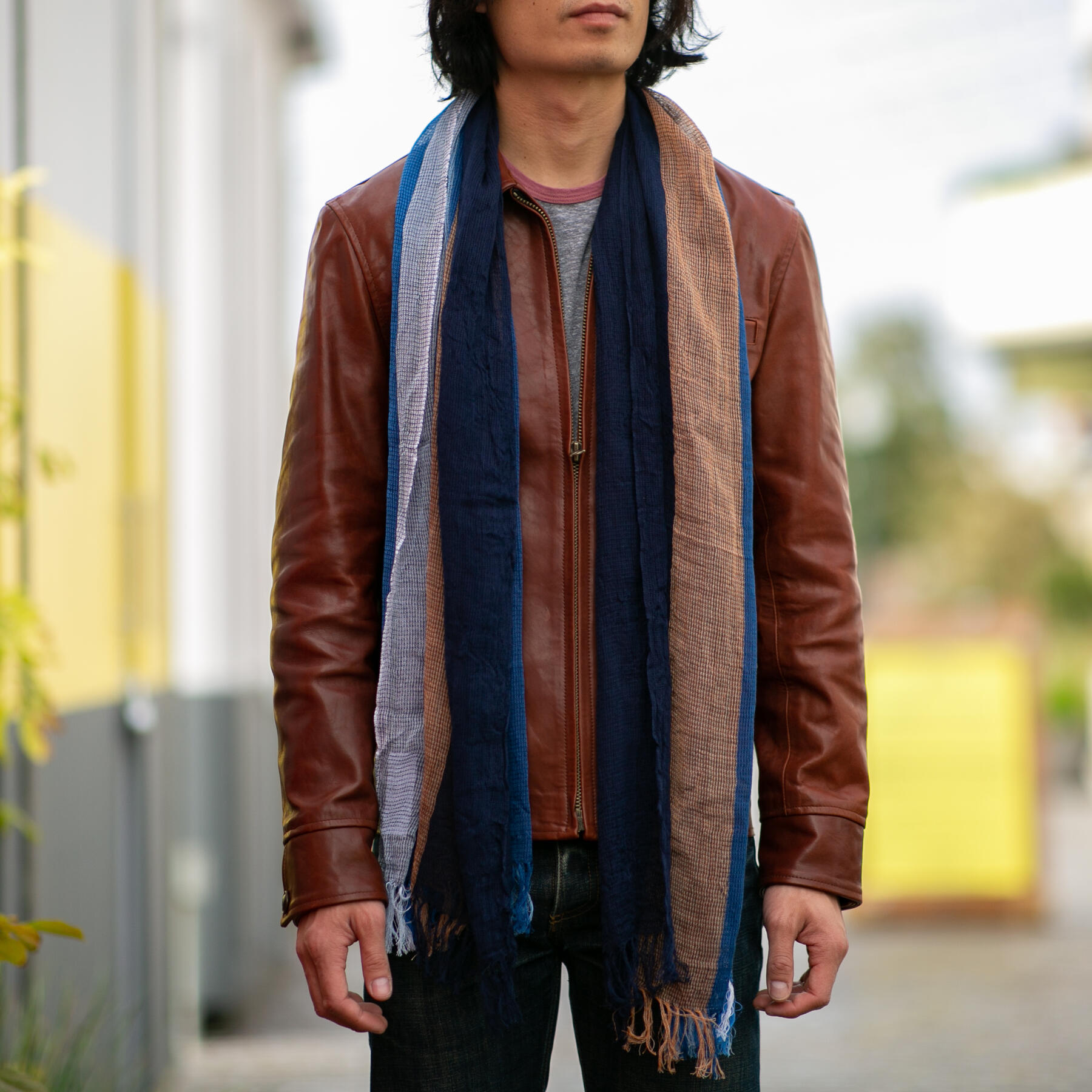 gustin japan persimmon indigo fade selvedge scarf