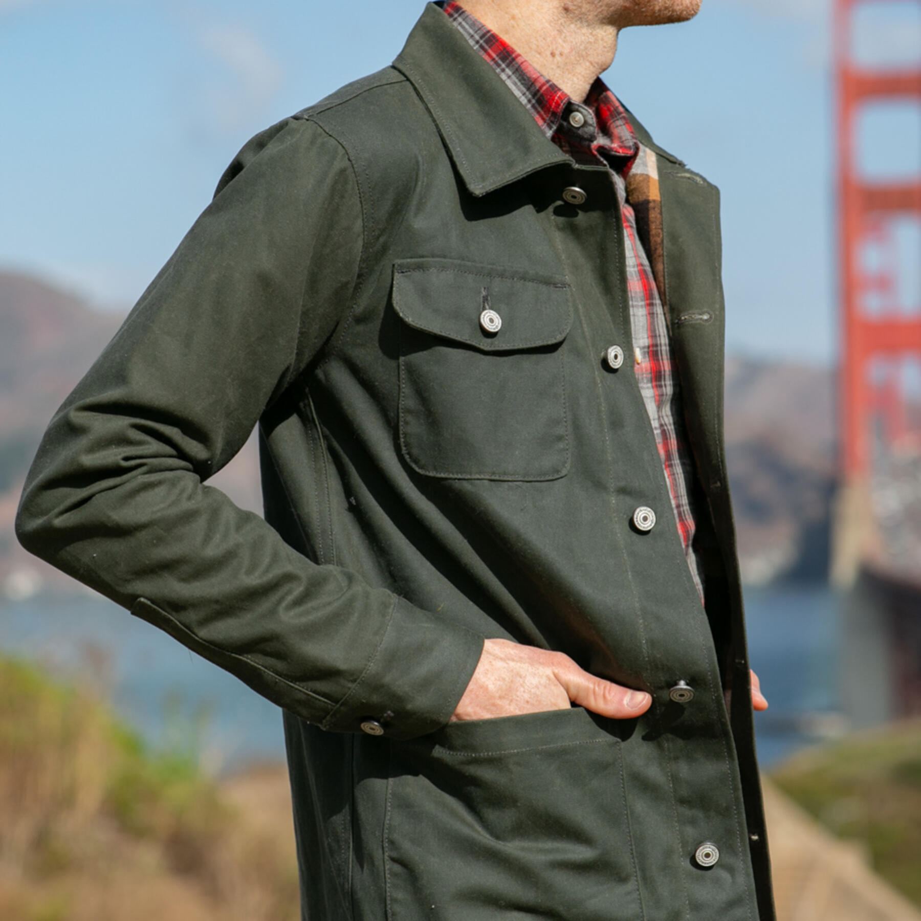 gustin chore coat - olive waxed canvas