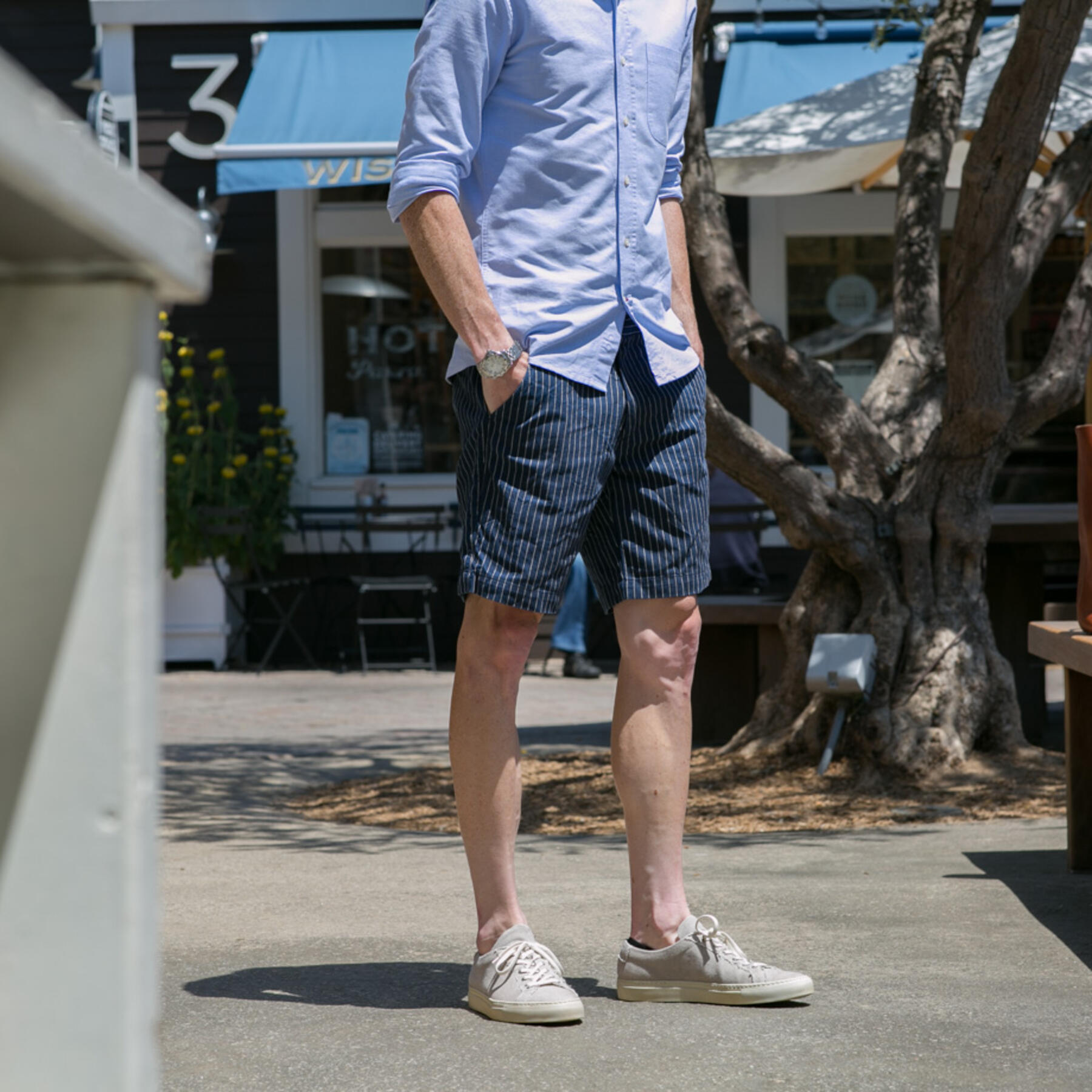 gustin indigo stripe chino shorts