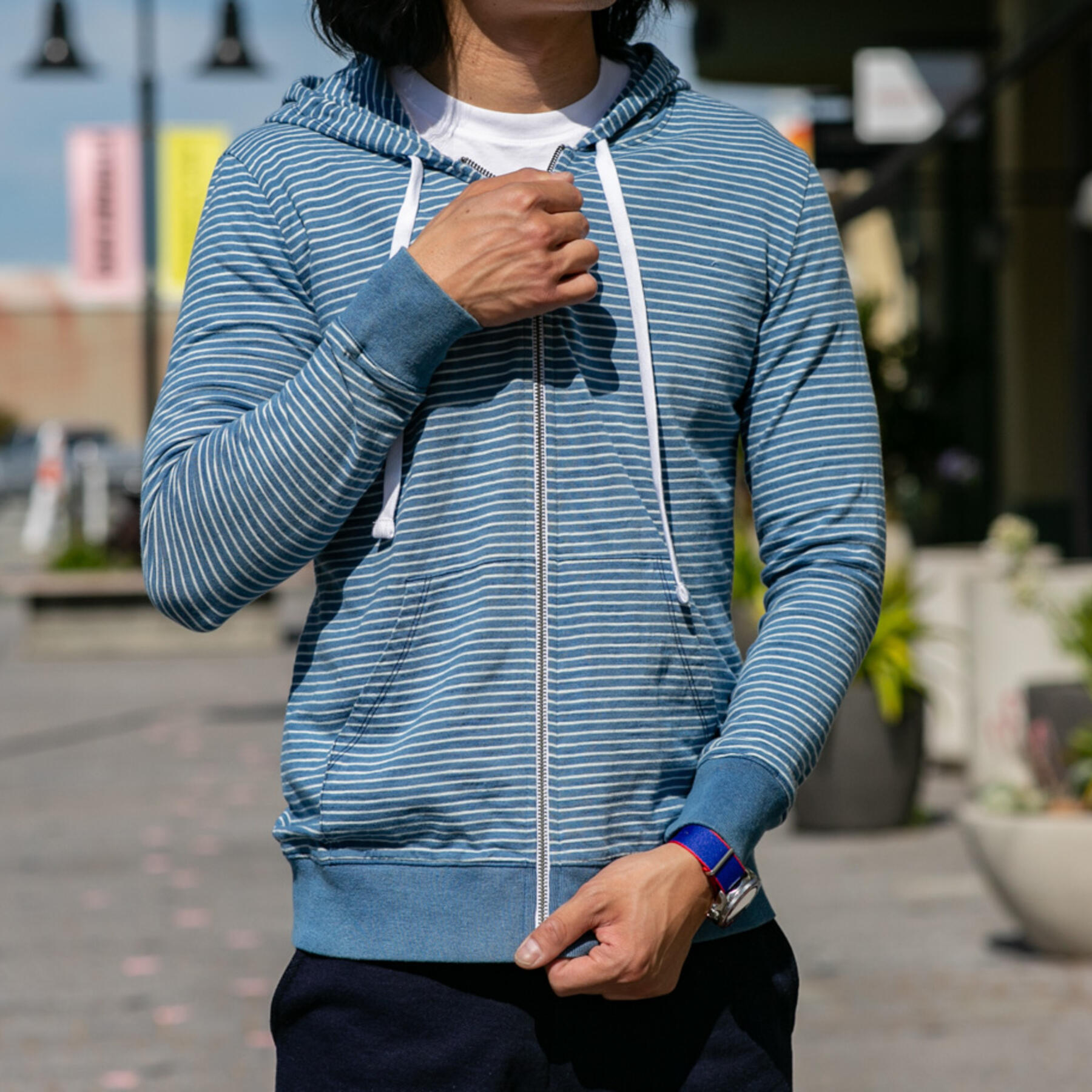 gustin indigo stripe superlight zip hoodie - vintage