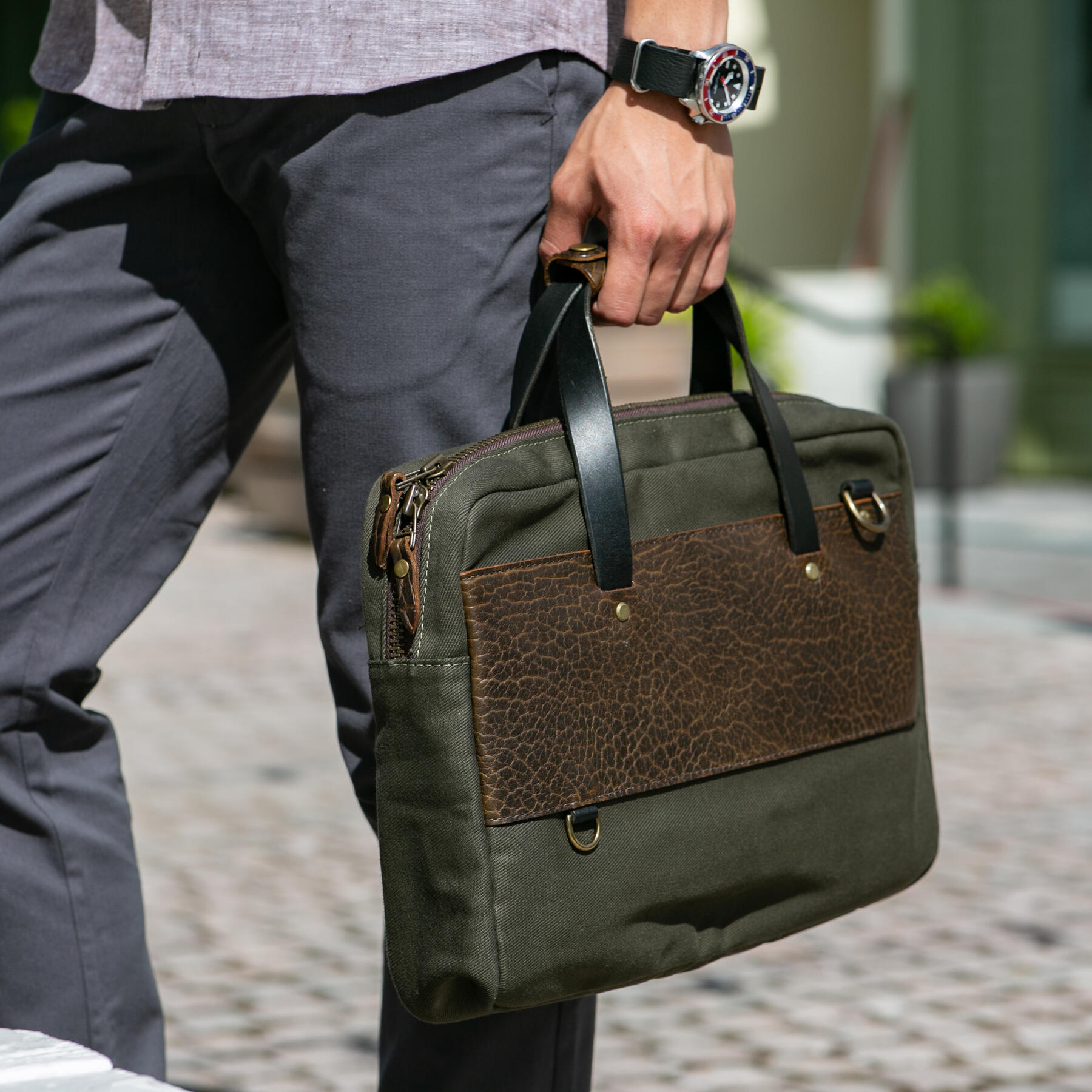 gustin bison twill briefcase - olive