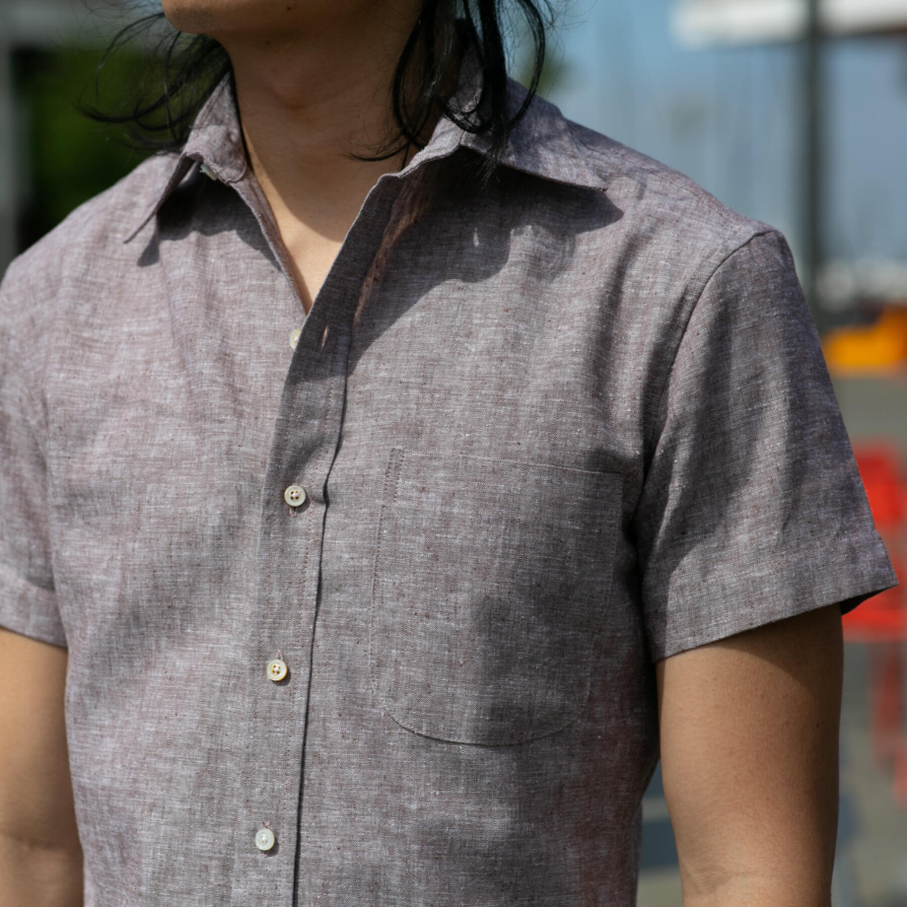 gustin #688 rust linen chambray short sleeve shirt