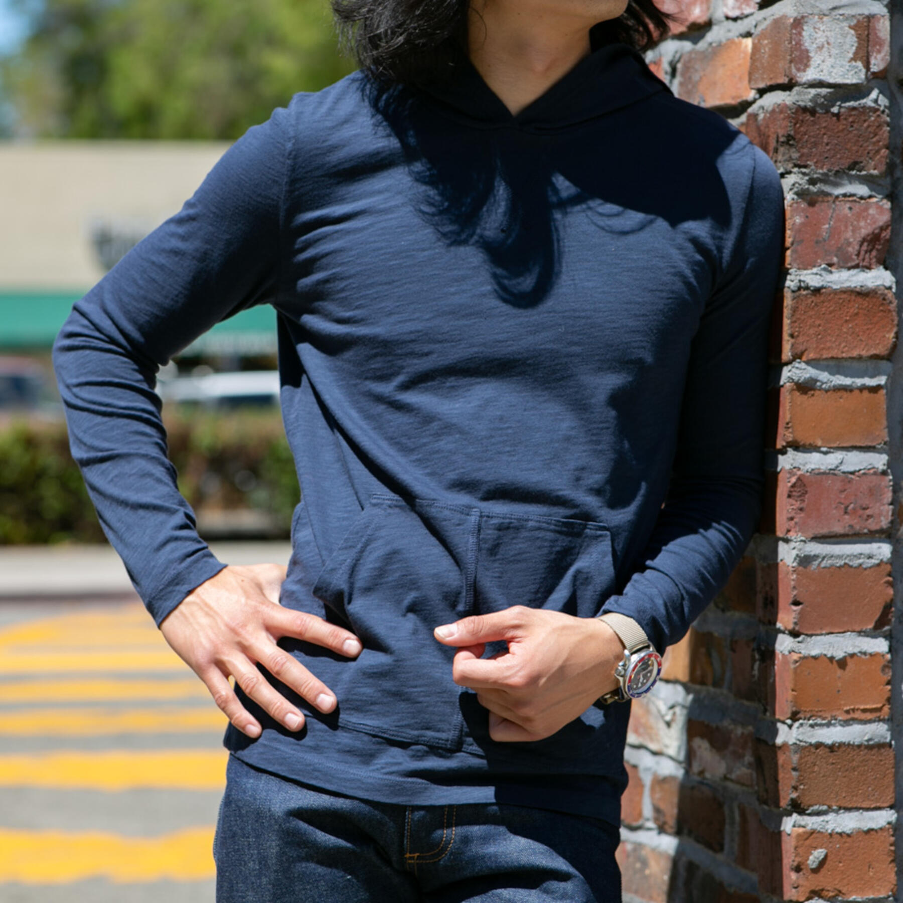 gustin superlight slub pocket hoodie - navy