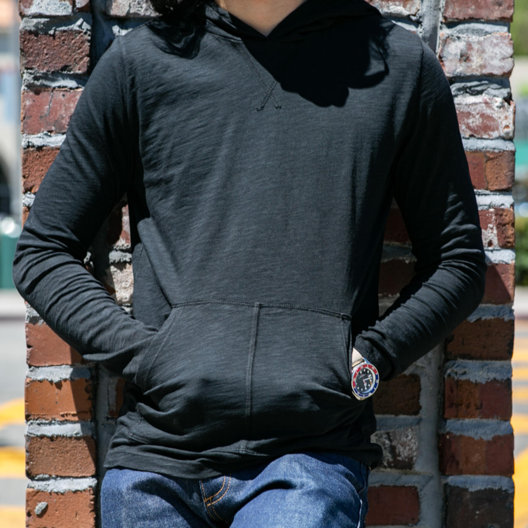 gustin superlight slub pocket hoodie - black