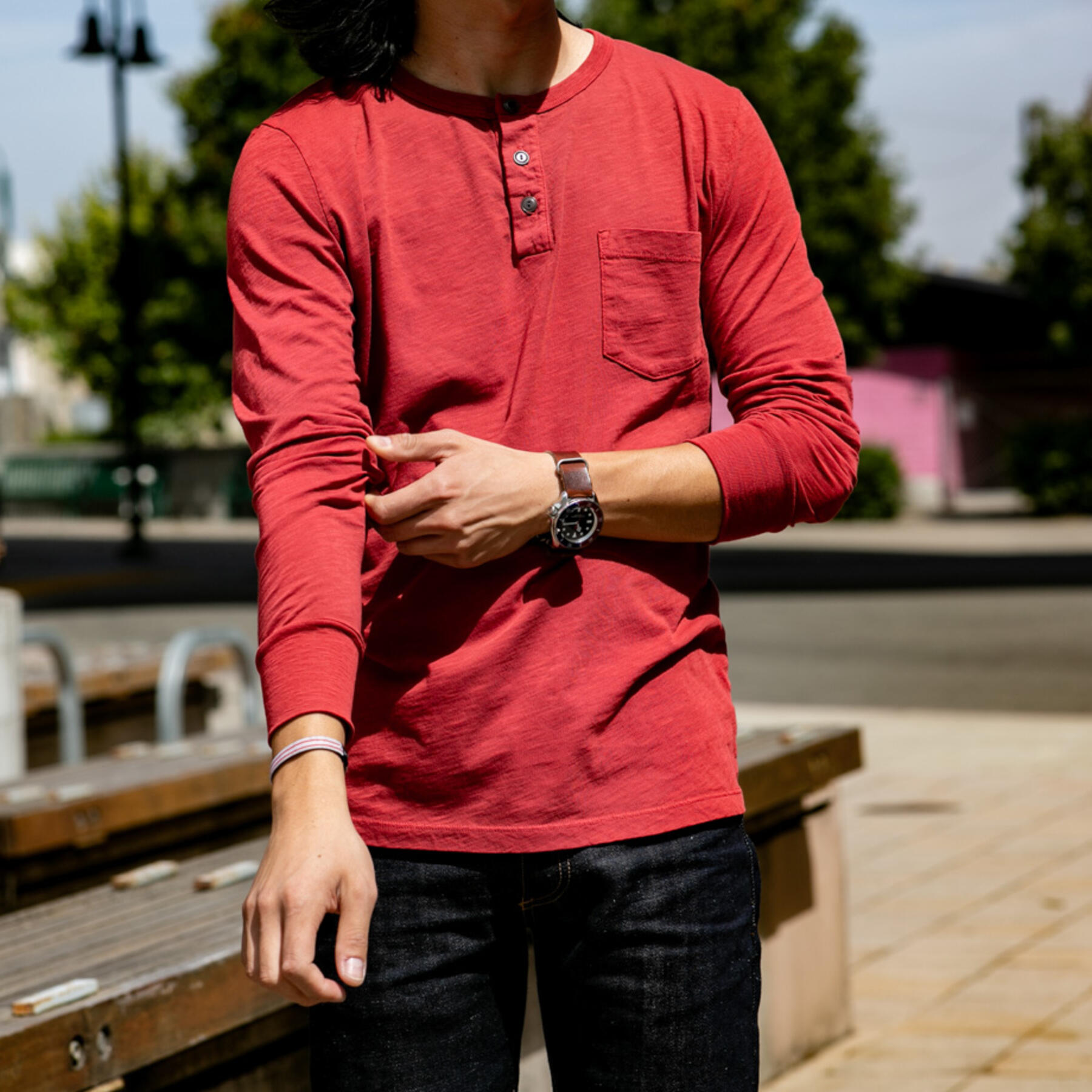 gustin slub pocket henley - red