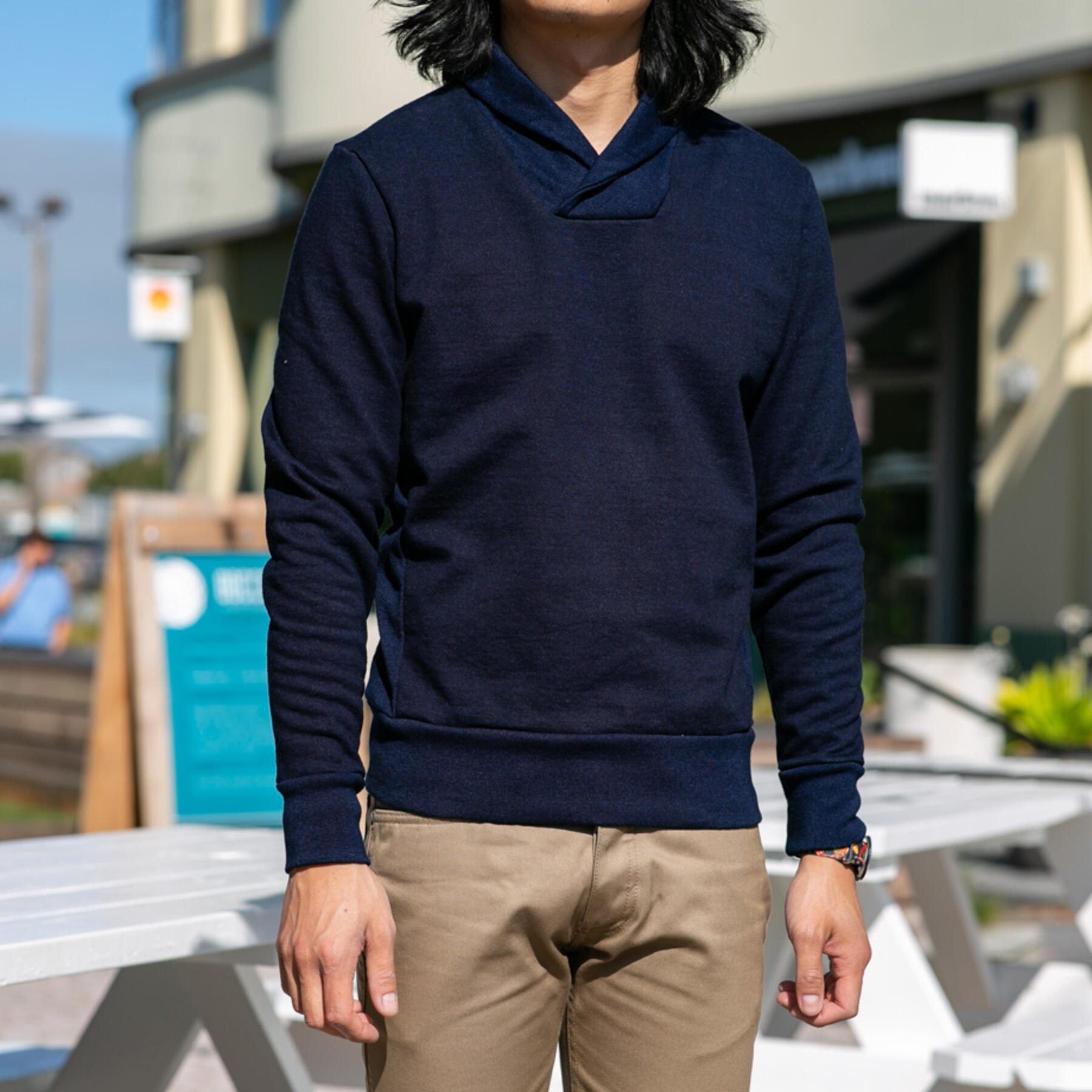 gustin shawl collar french terry - dark indigo