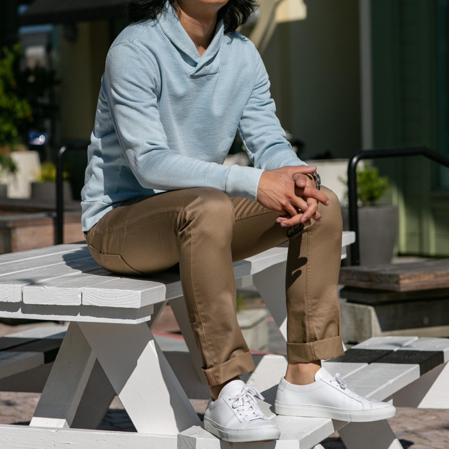 gustin sun fade indigo shawl collar sweatshirt