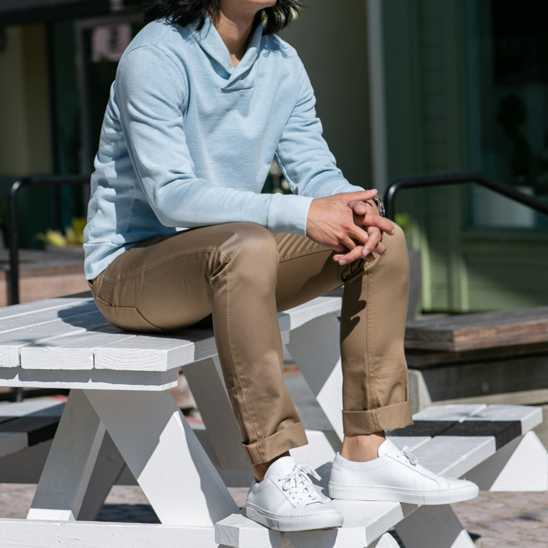 gustin sun fade indigo shawl collar sweatshirt