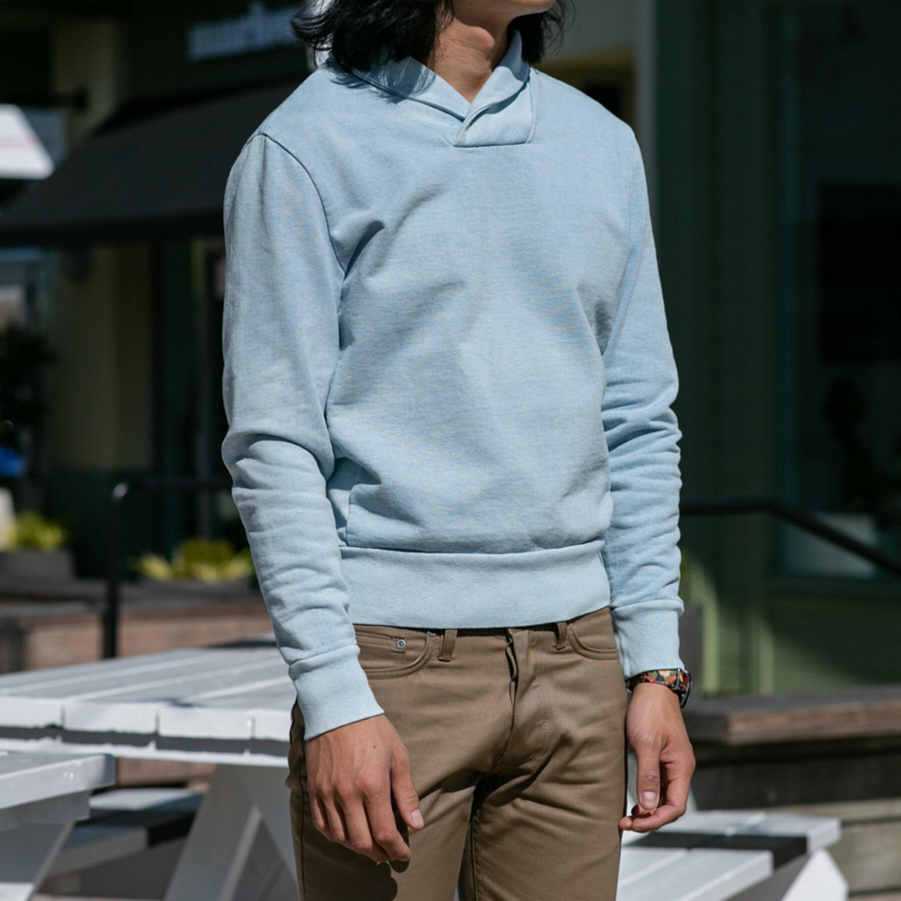 gustin sun fade indigo shawl collar sweatshirt