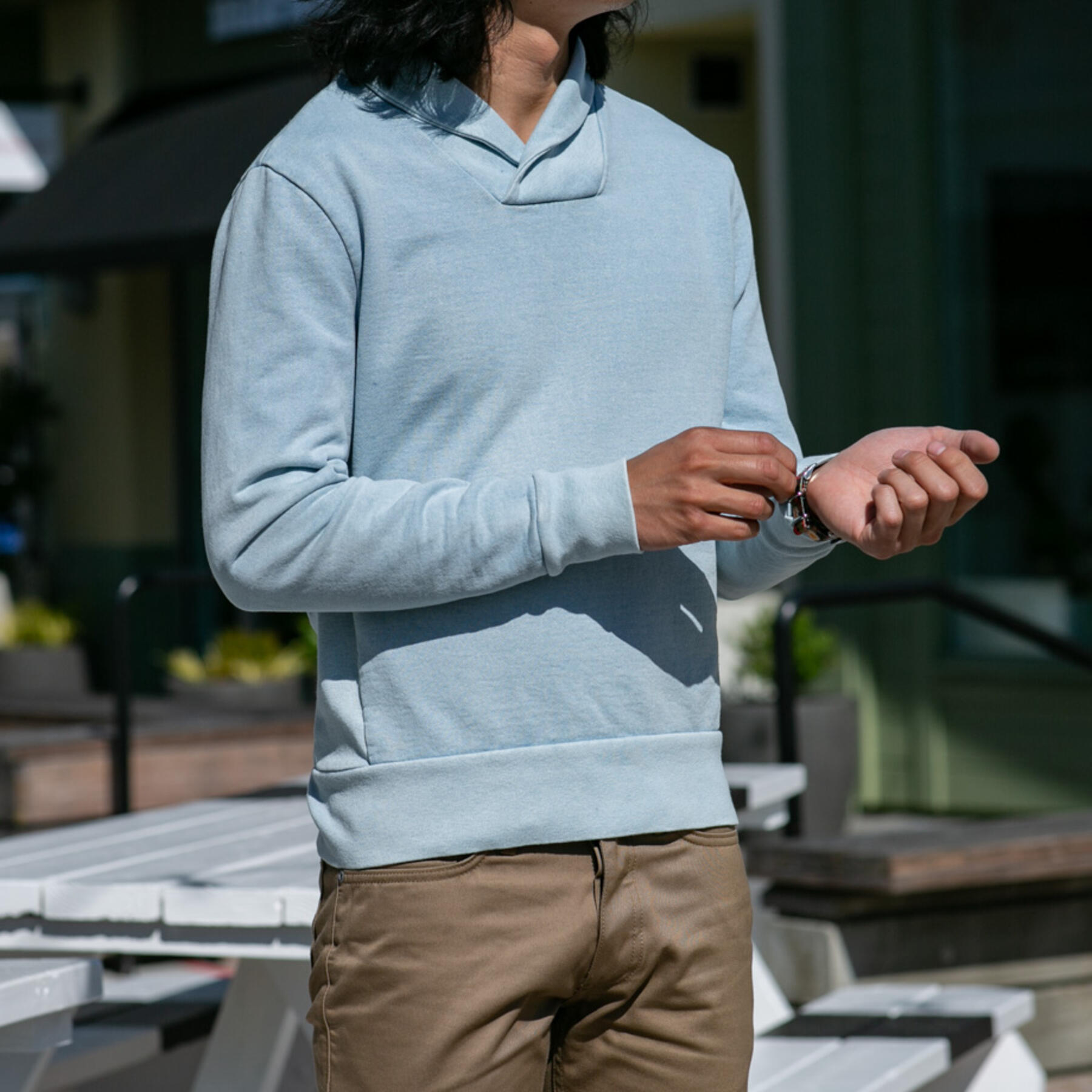 gustin sun fade indigo shawl collar sweatshirt