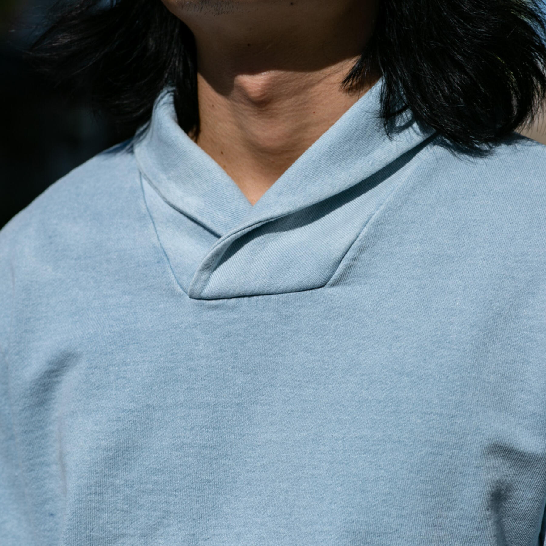 gustin sun fade indigo shawl collar sweatshirt