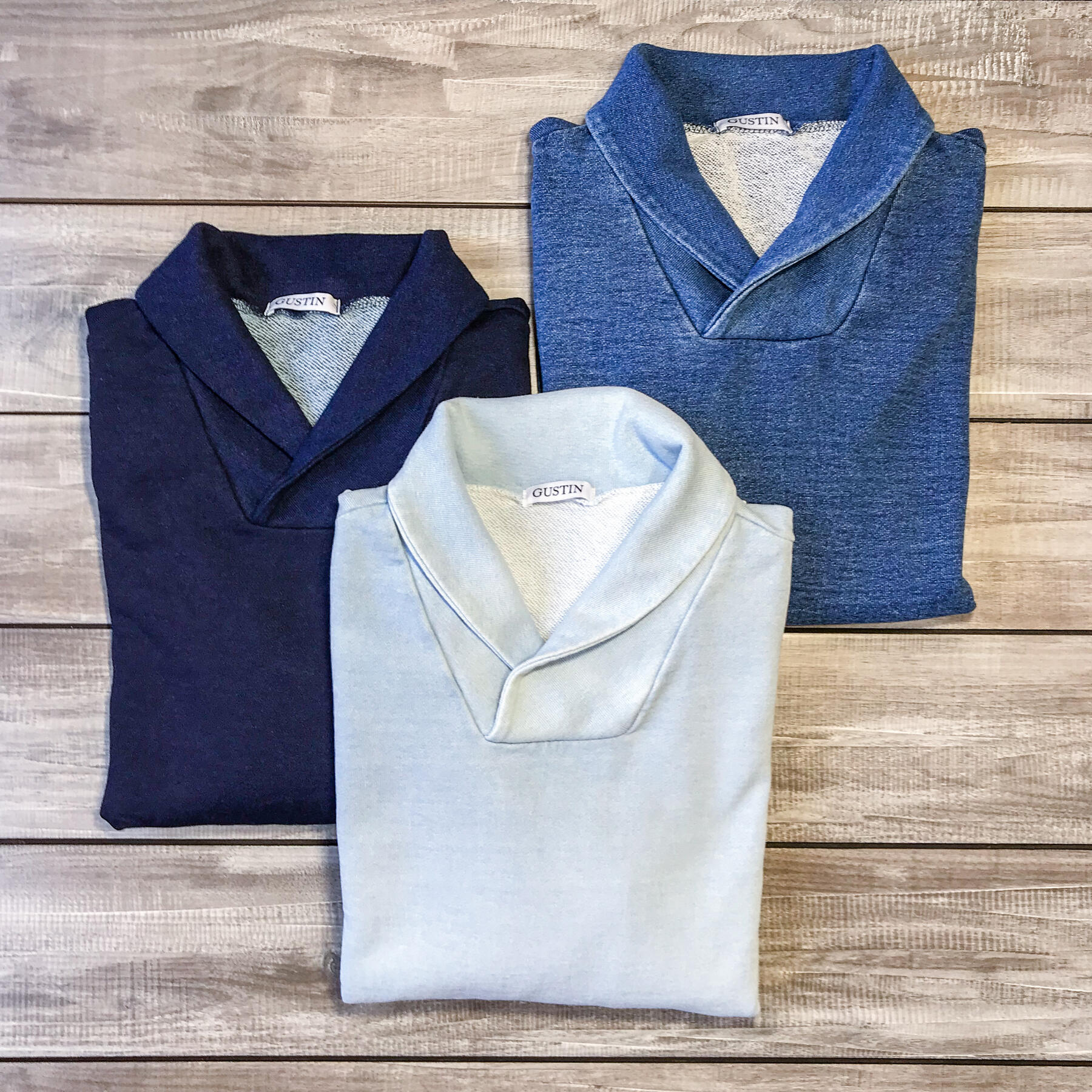 gustin indigo dye shawl collar sweatshirt 3 pack