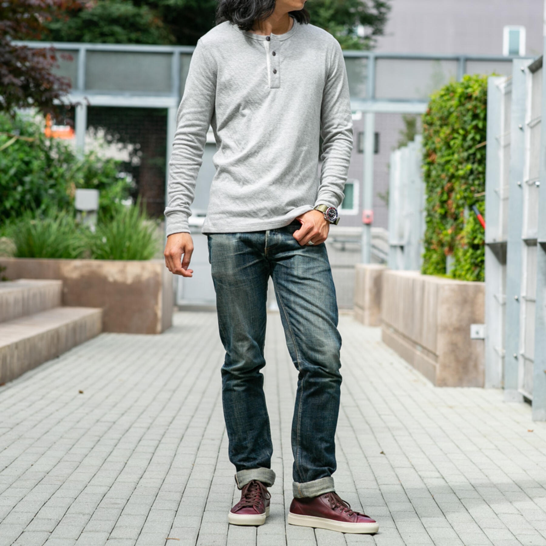 gustin double knit henley - heather grey