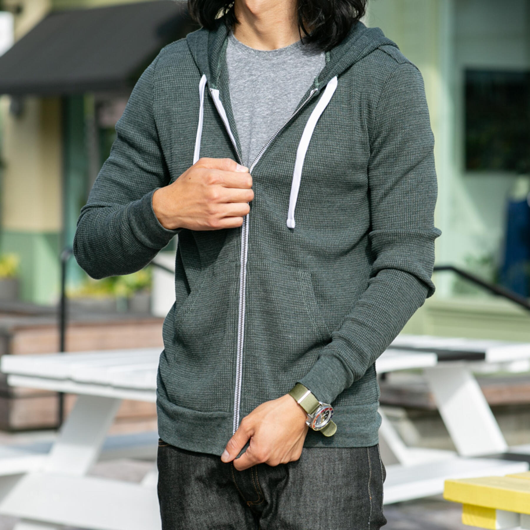 gustin waffle zip hoodie - forest