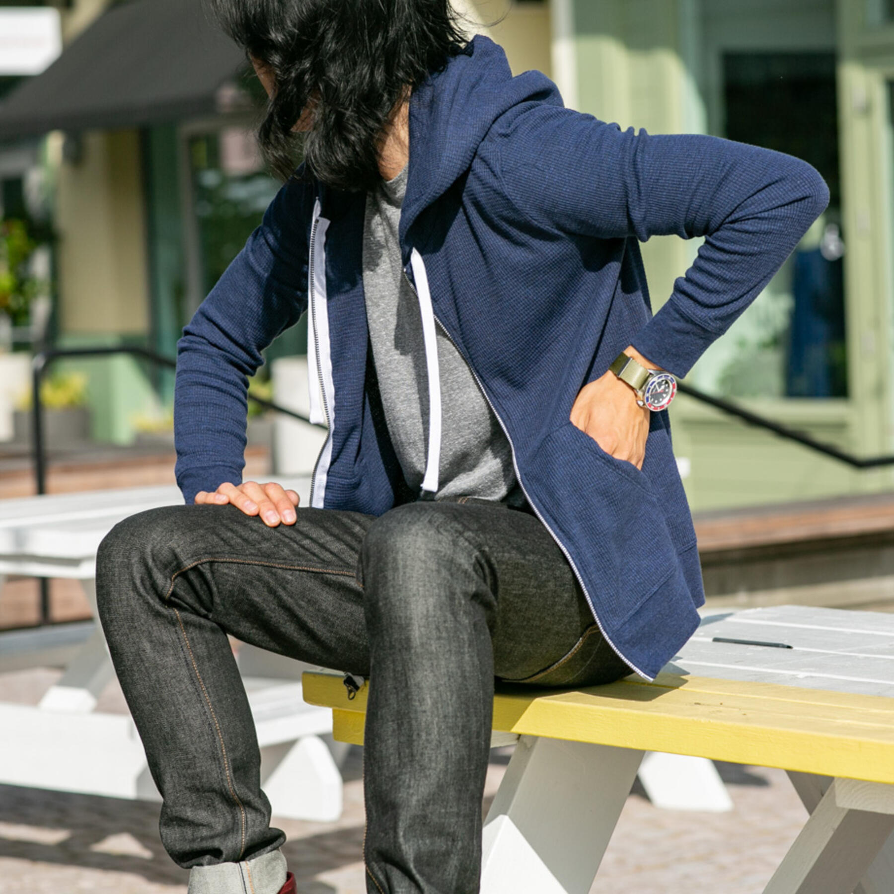 gustin waffle zip hoodie - navy
