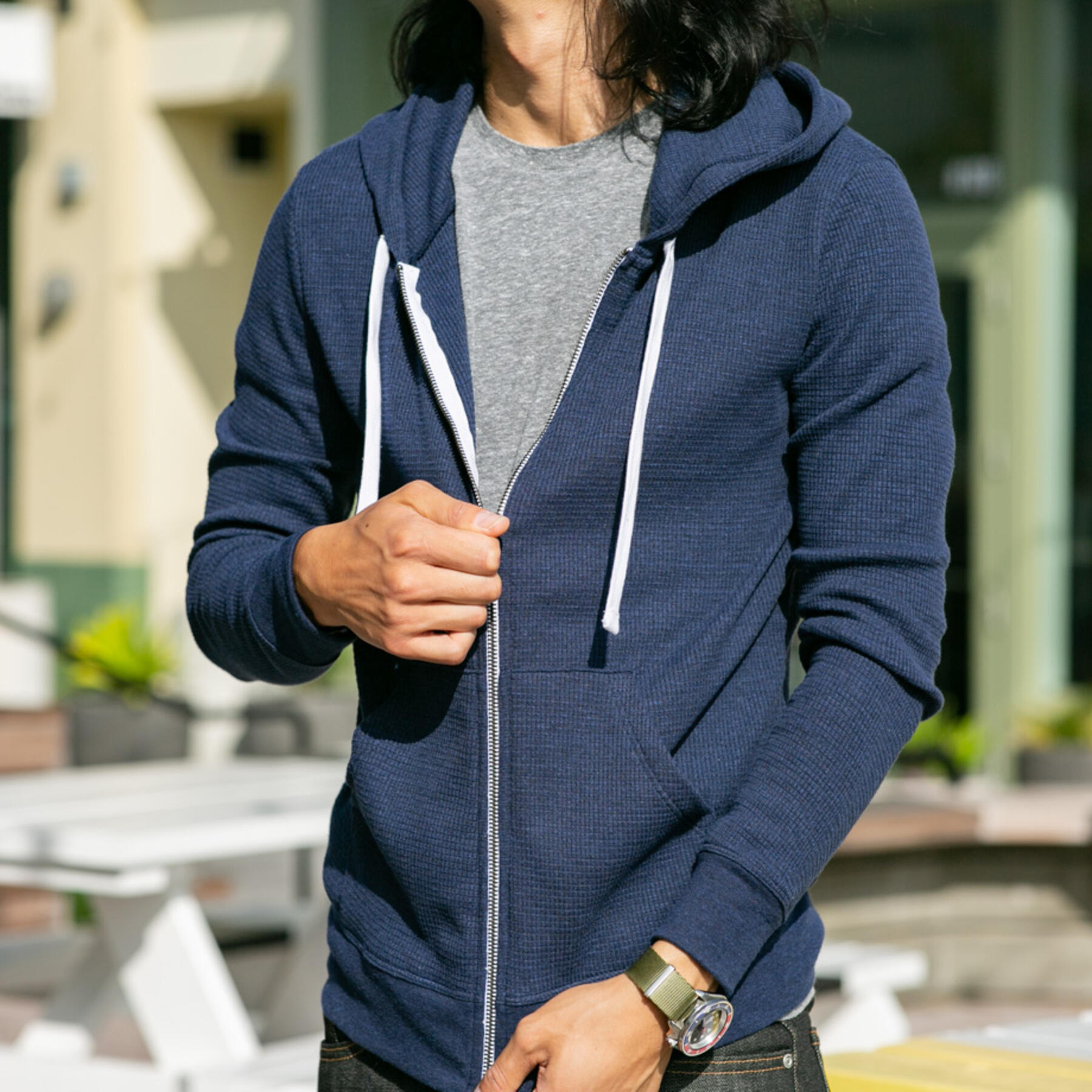gustin waffle zip hoodie - navy
