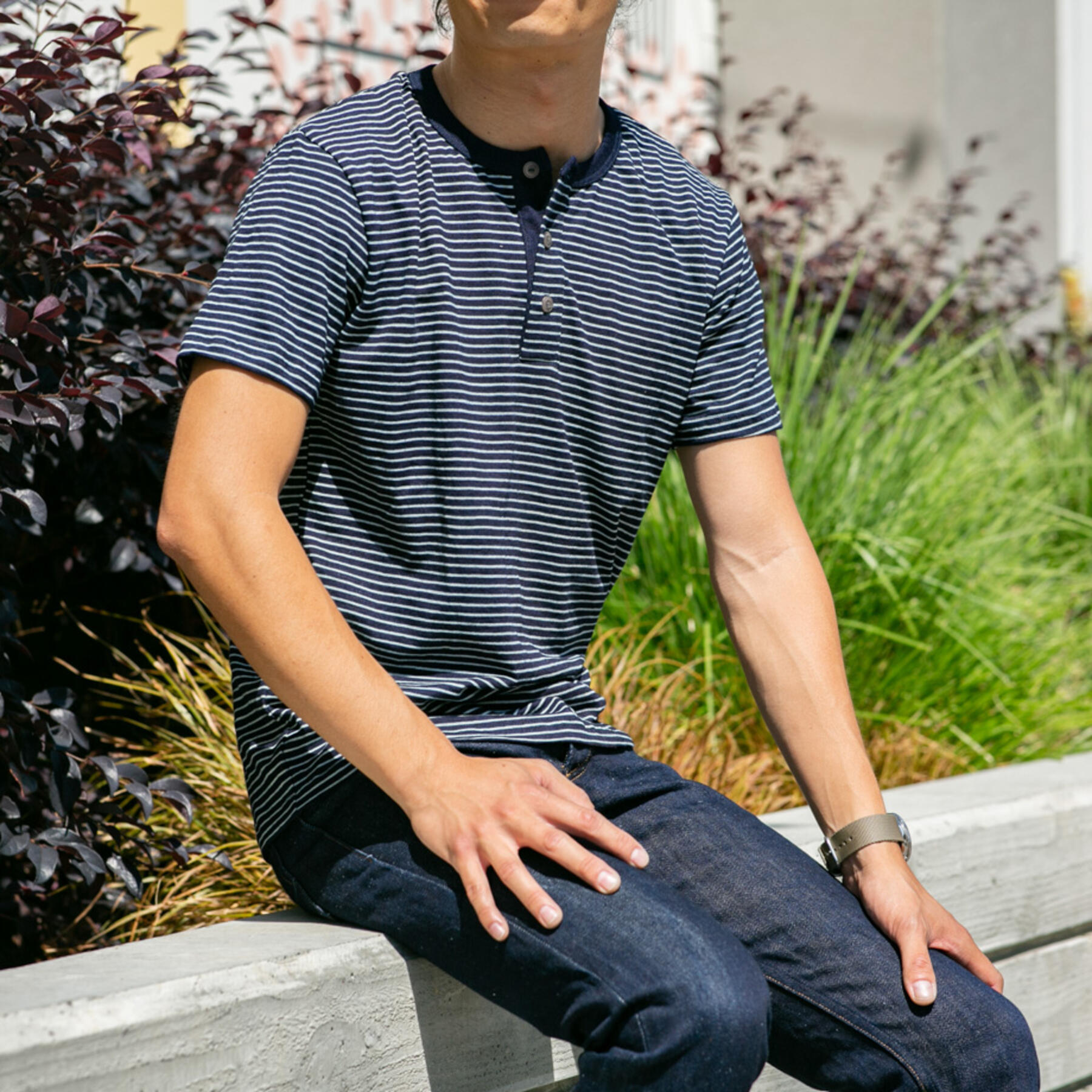 gustin dark indigo stripe short sleeve henley