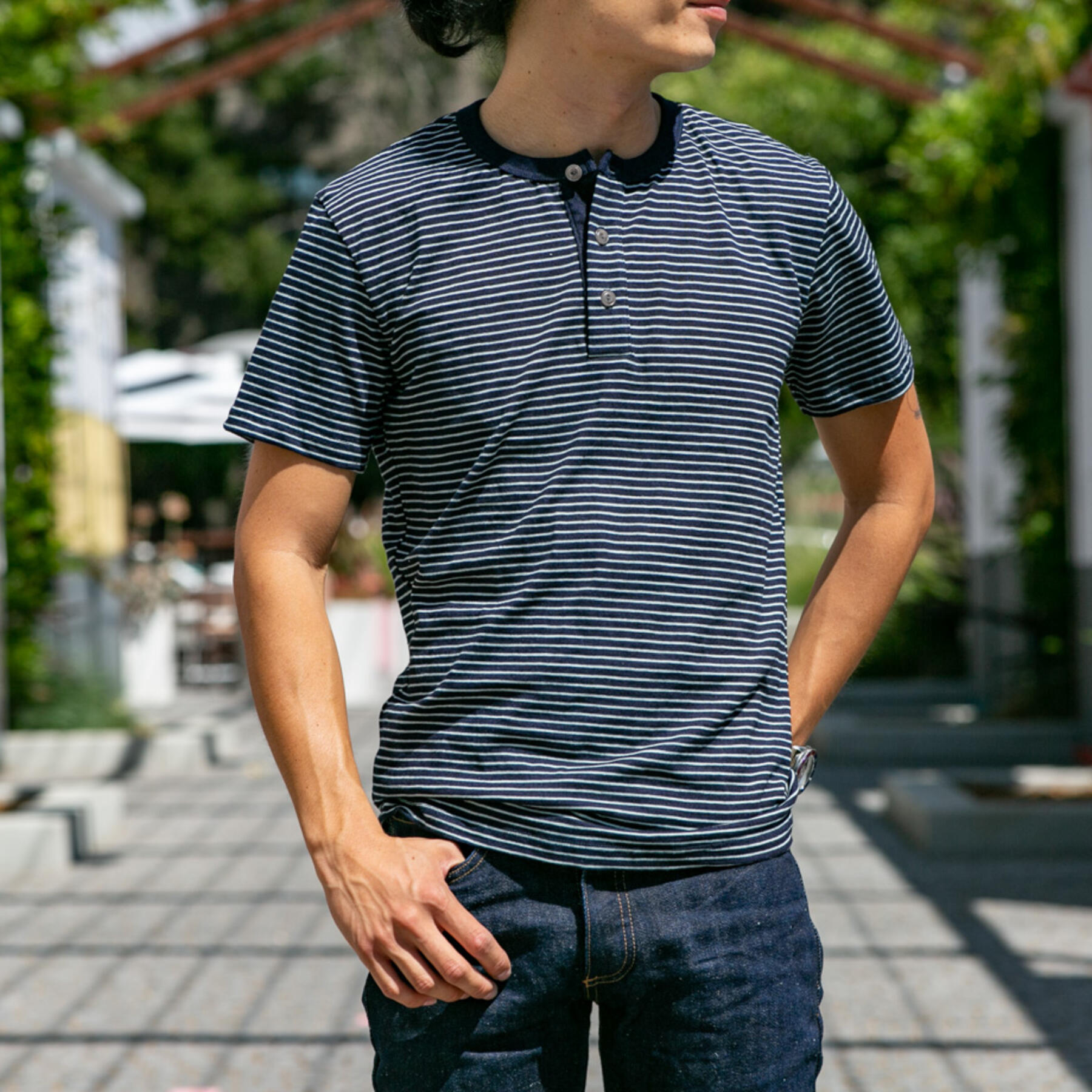 gustin dark indigo stripe short sleeve henley