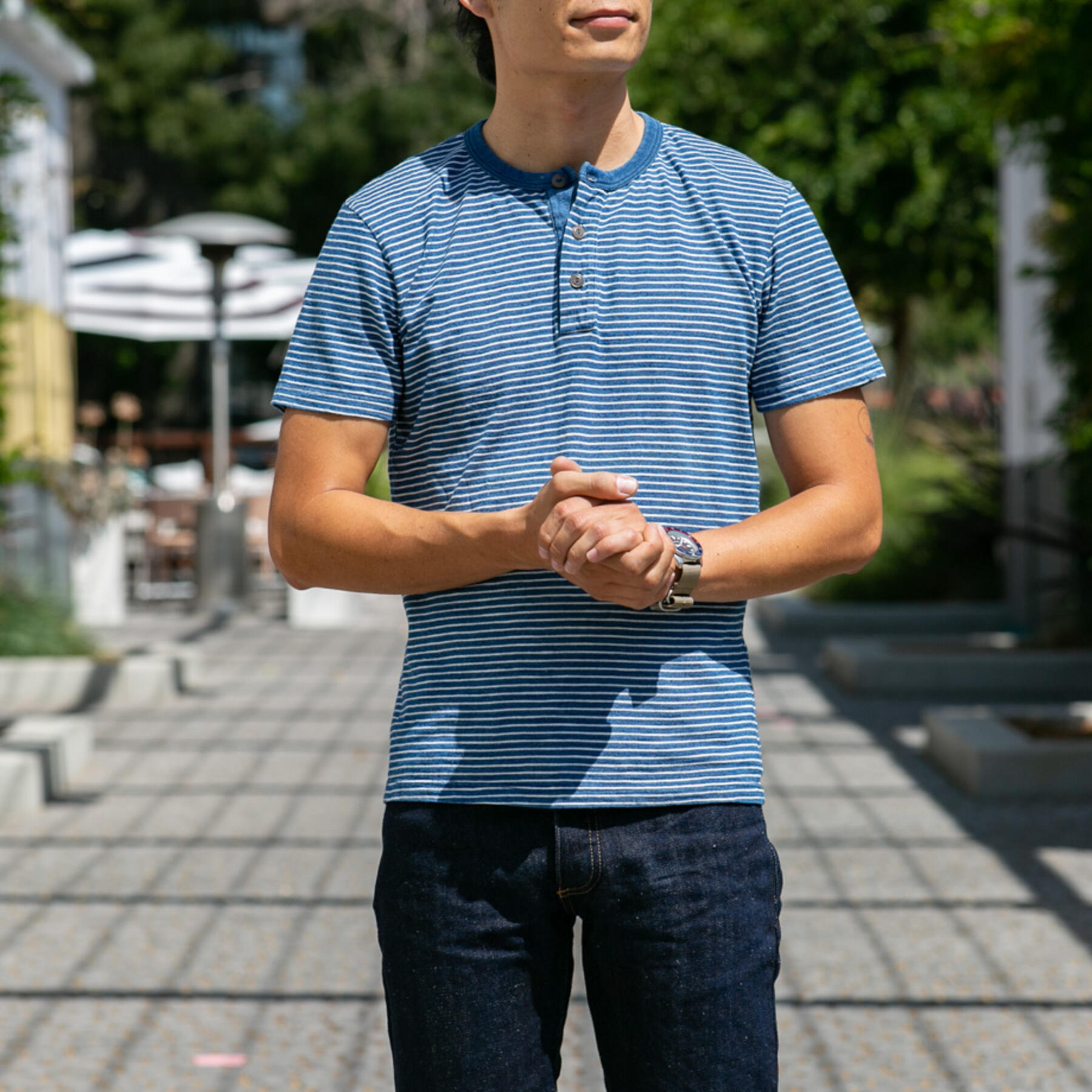 gustin vintage indigo stripe short sleeve henley