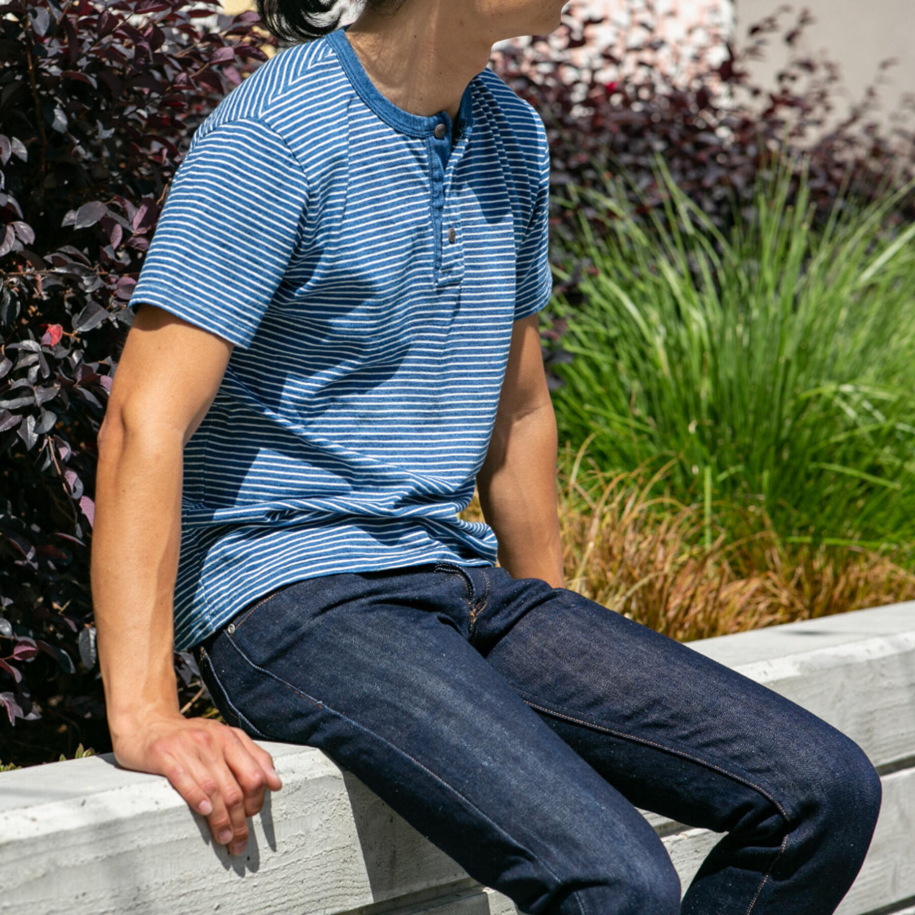 gustin vintage indigo stripe short sleeve henley