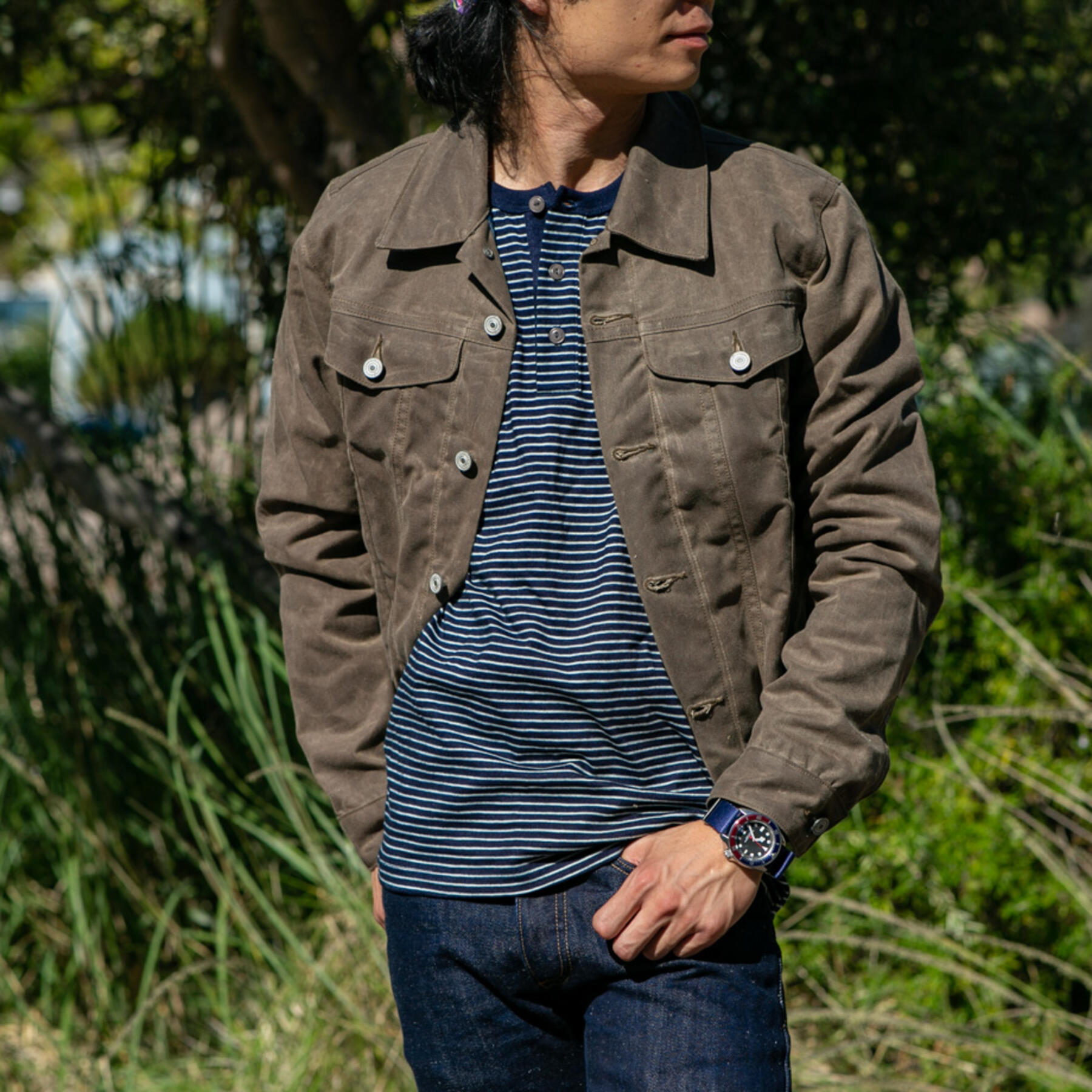 gustin trucker jacket - waxed dark oak