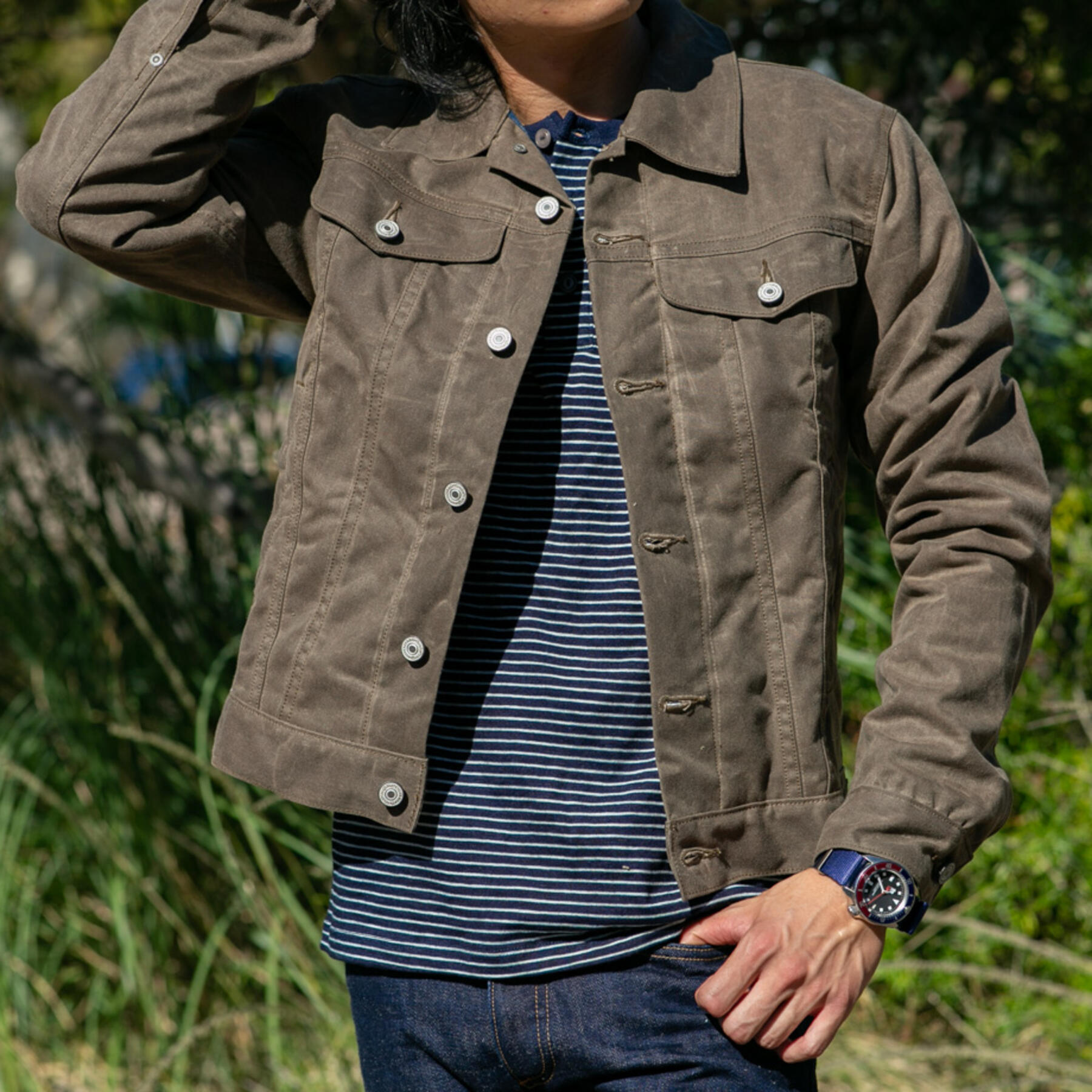 gustin trucker jacket - waxed dark oak