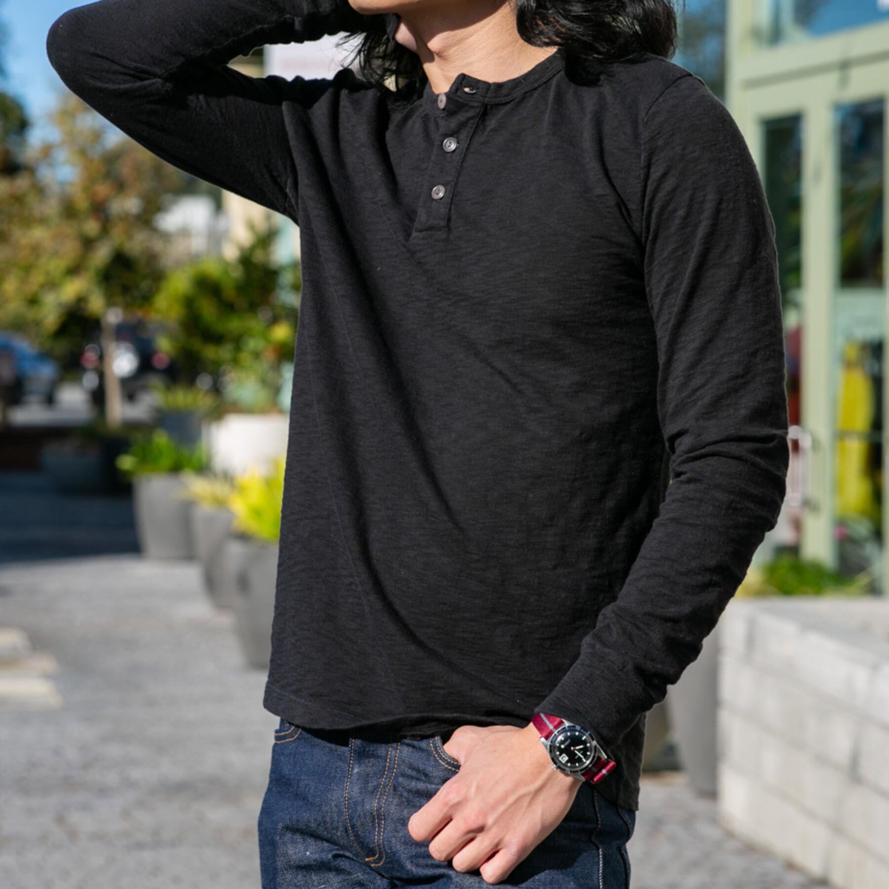 gustin big slub henley - black