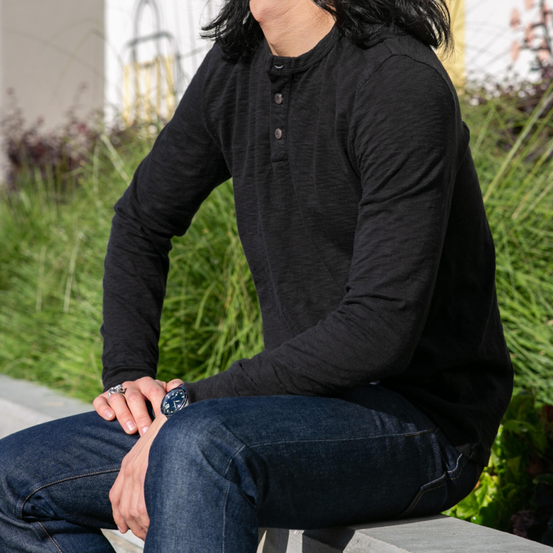 gustin big slub henley - black