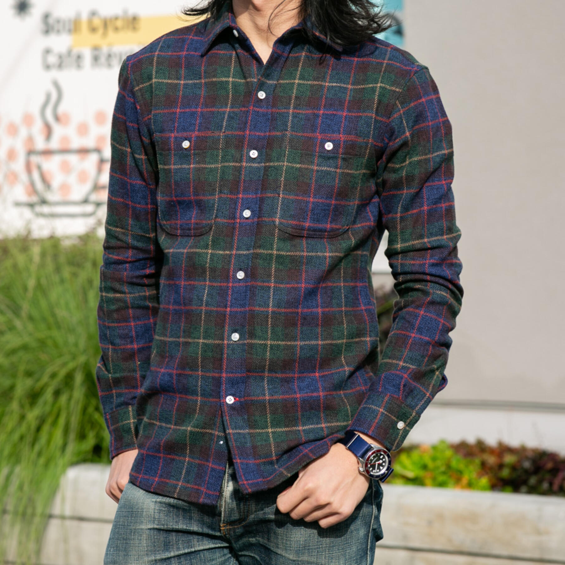 gustin #706 open weave herringbone plaid - hunter
