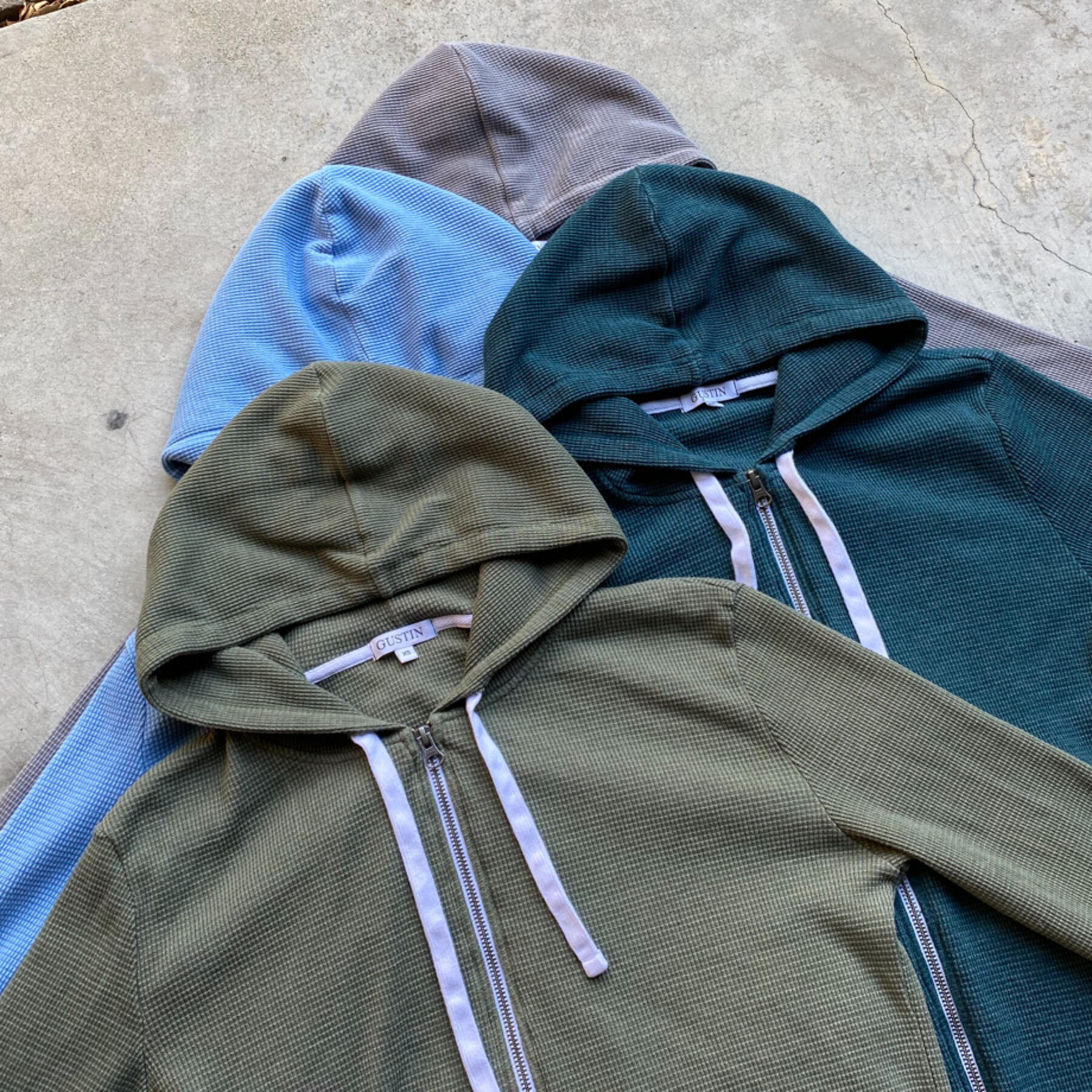 gustin waffle zip hoodie 4pk - stone, sky, vintage army, teal